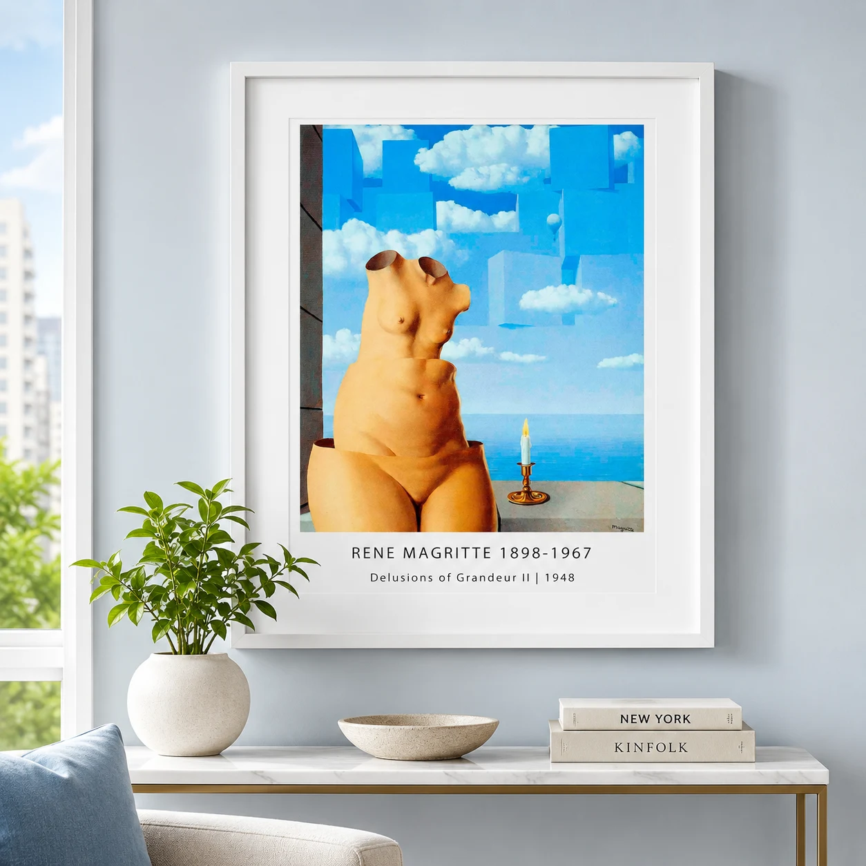 Room mockup of Delusions of Grandeur Print, Segmented Figure Wall Art Print, displayed as framed wall art in a living room setting as a portrait print with blue tones.