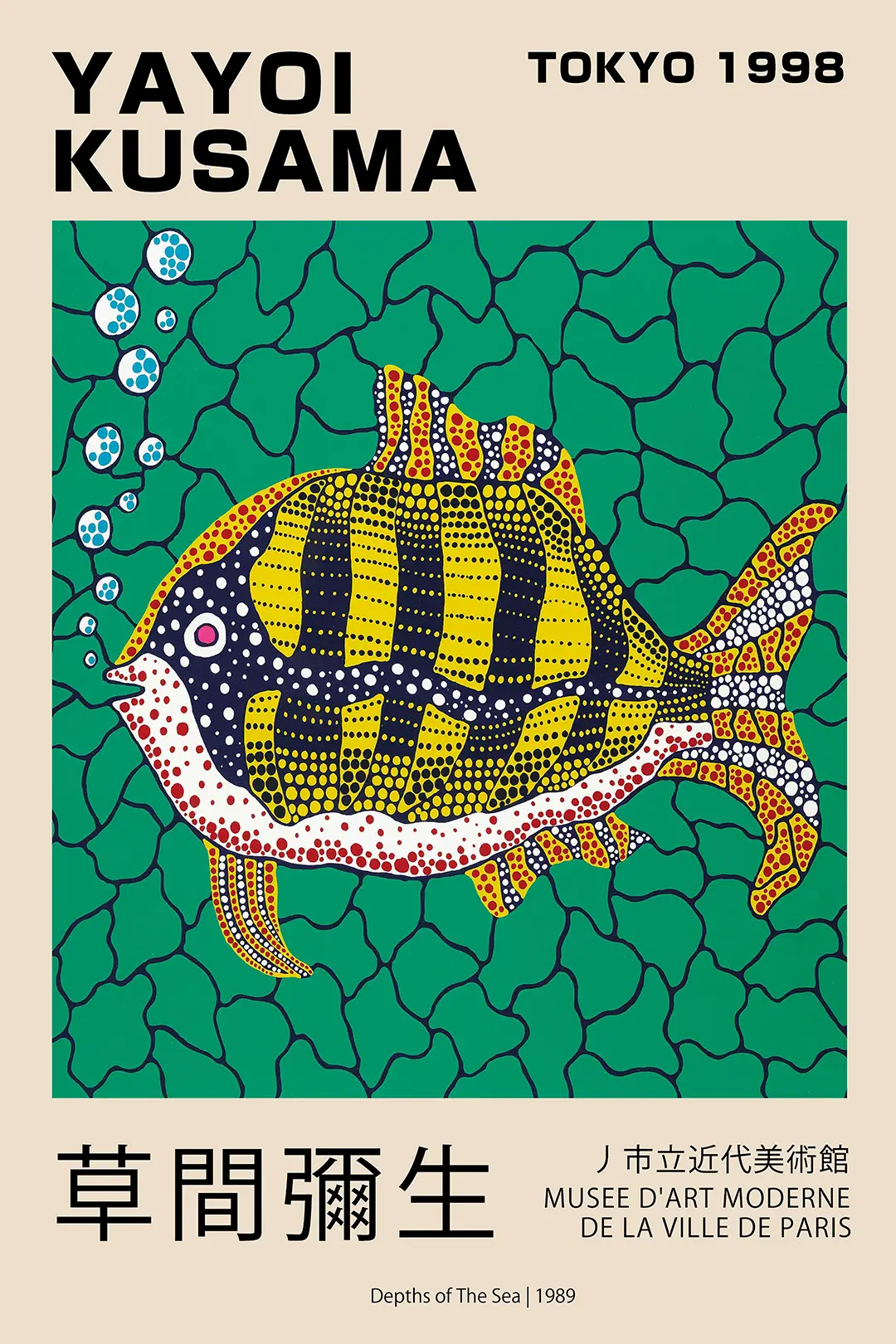 Exclusive Yayoi Kusama Poster - Depths Of The Sea 1989 Museum Art Yayoi Kusama Poster Depths Of The Sea 1989 Showing A Yellow And Black Dotted Fish On A Green Net Background.