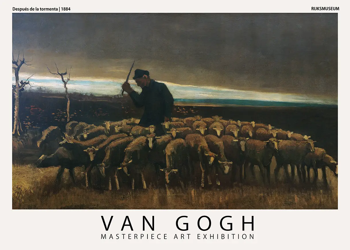 Classic Van Gogh Sheep Poster - After The Storm 1884 Rural Art Print Van Gogh Sheep Poster Showing A Shepherd Herding Sheep In A Dark 1884 Post-Impressionist Field Painting.