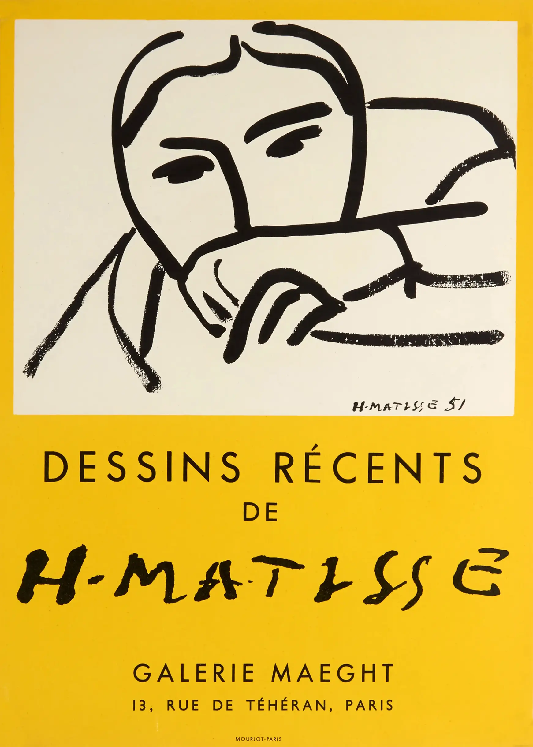 Classic Matisse Exhibition Poster - Dessins Récents Galerie Maeght Art Matisse Exhibition Poster Featuring A Black Line Drawing Of A Face On Yellow And White Background From Galerie Maeght 1951.