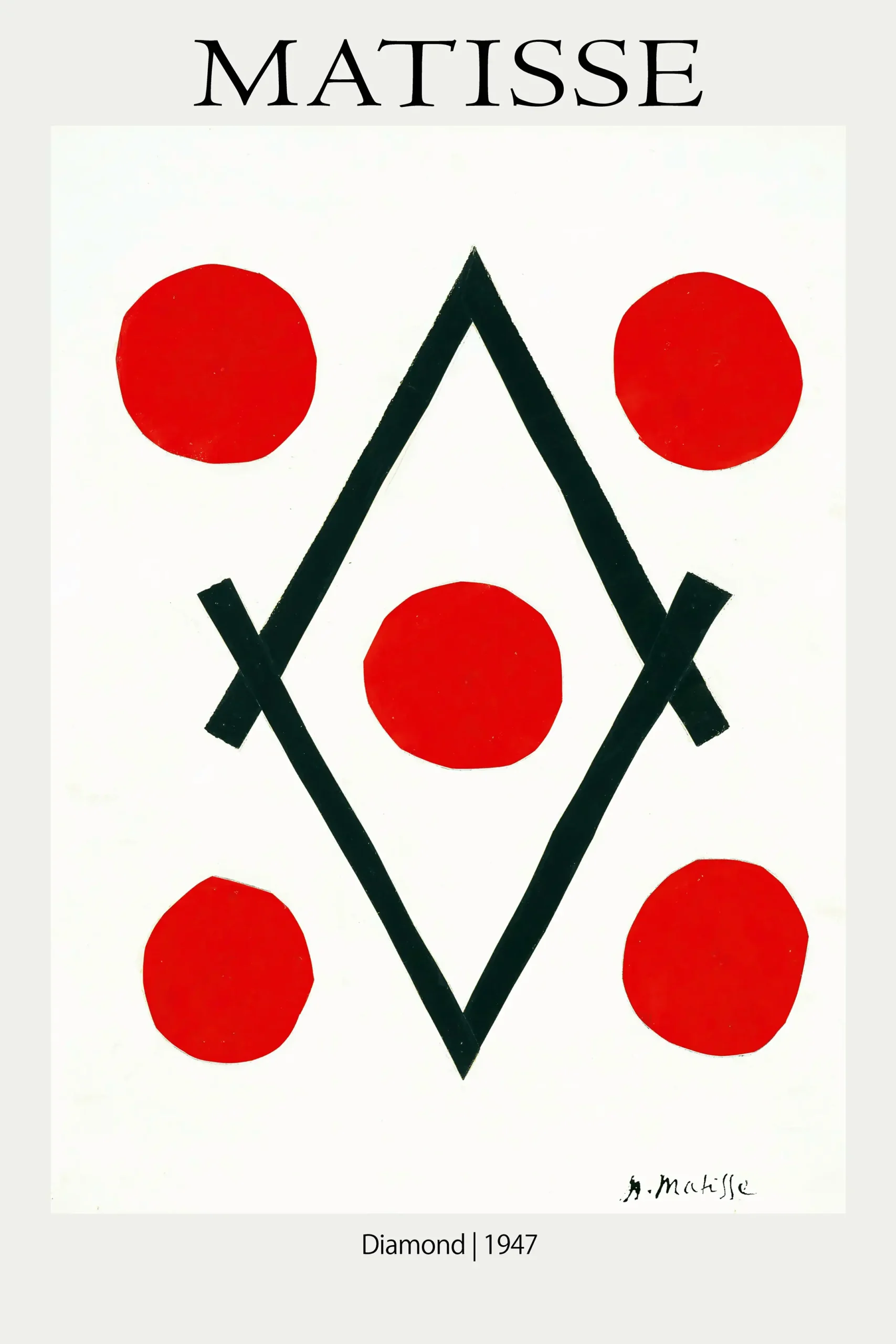Authentic Henri Matisse Diamond - 1947 Abstract Geometric Art Print Henri Matisse Diamond 1947 Print Featuring A Black Geometric Diamond And Five Red Circular Cutouts On White.