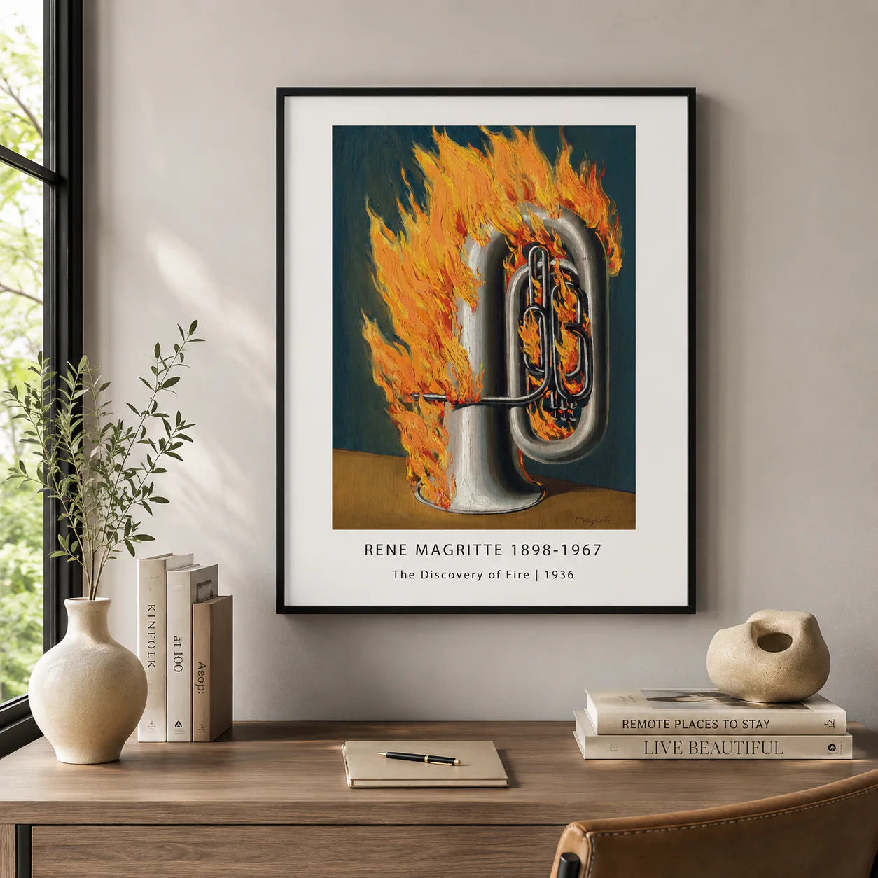 Room mockup of Discovery of Fire Poster, Flaming Tuba Surreal Wall Art Print, displayed as framed wall art in a living room setting as a portrait print with blue and orange tones.