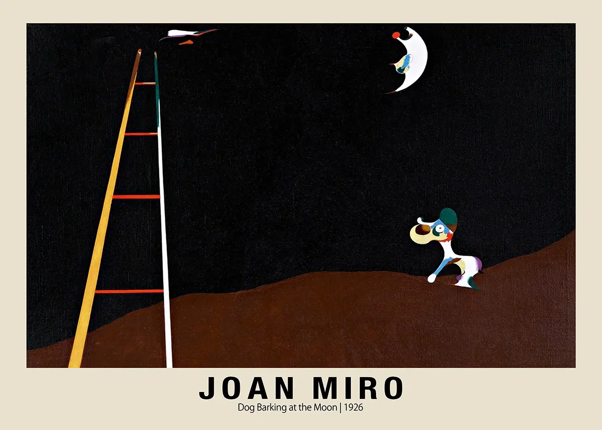 Authentic Joan Miró Print - Dog Barking At The Moon 1926 Surrealist Art Joan Miró Print Of Dog Barking At The Moon With A Ladder And Crescent Moon In A Dark Surreal Scene.