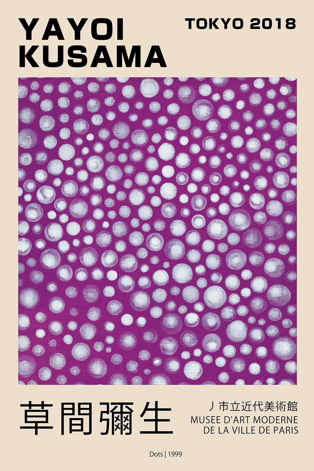 Exclusive Yayoi Kusama Poster - Tokyo 2018 Abstract Dot Wall Art Yayoi Kusama Poster Featuring Varying Sizes Of White Polka Dots On A Rich Purple Background For Modern Wall Decor.