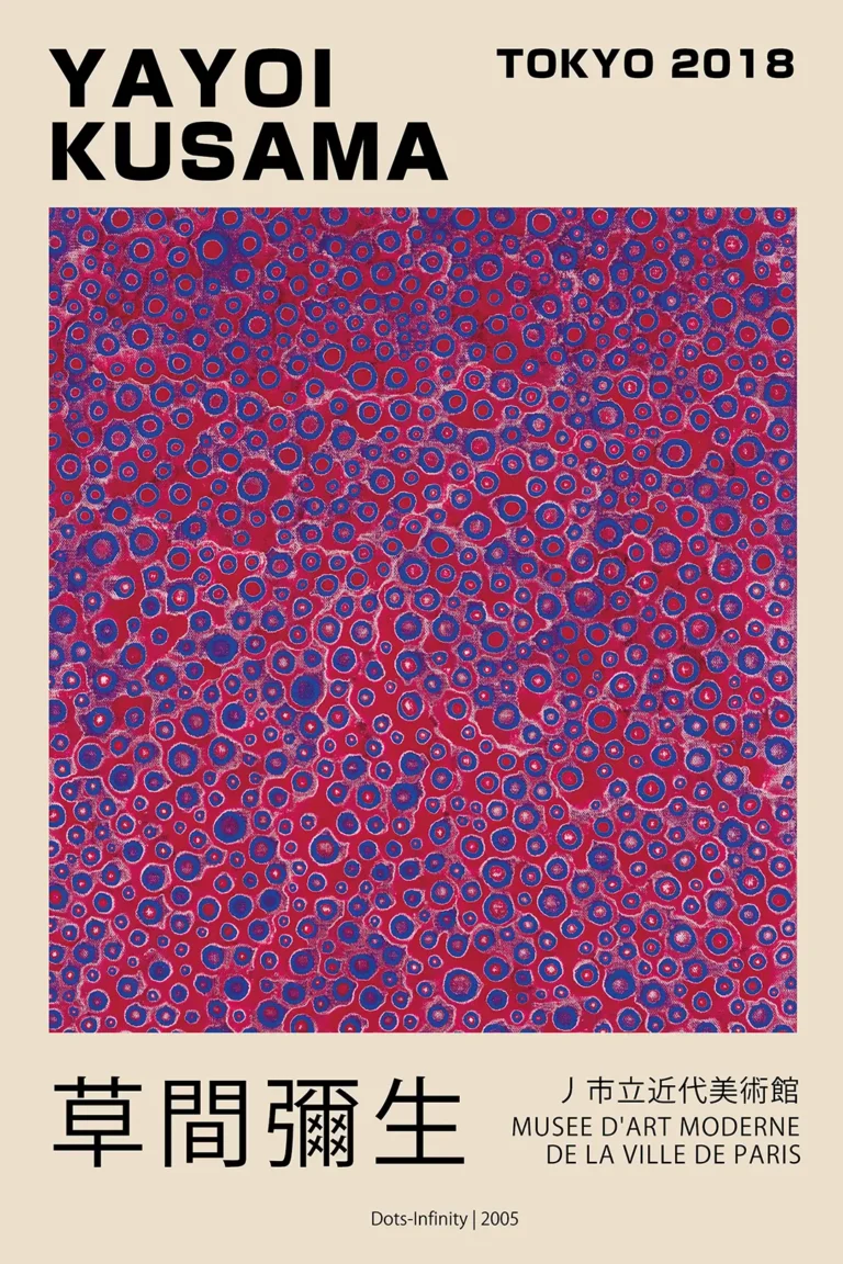 Yayoi Kusama Dots-infinity 2005 — this abstract art print features a vibrant red and blue organic dot