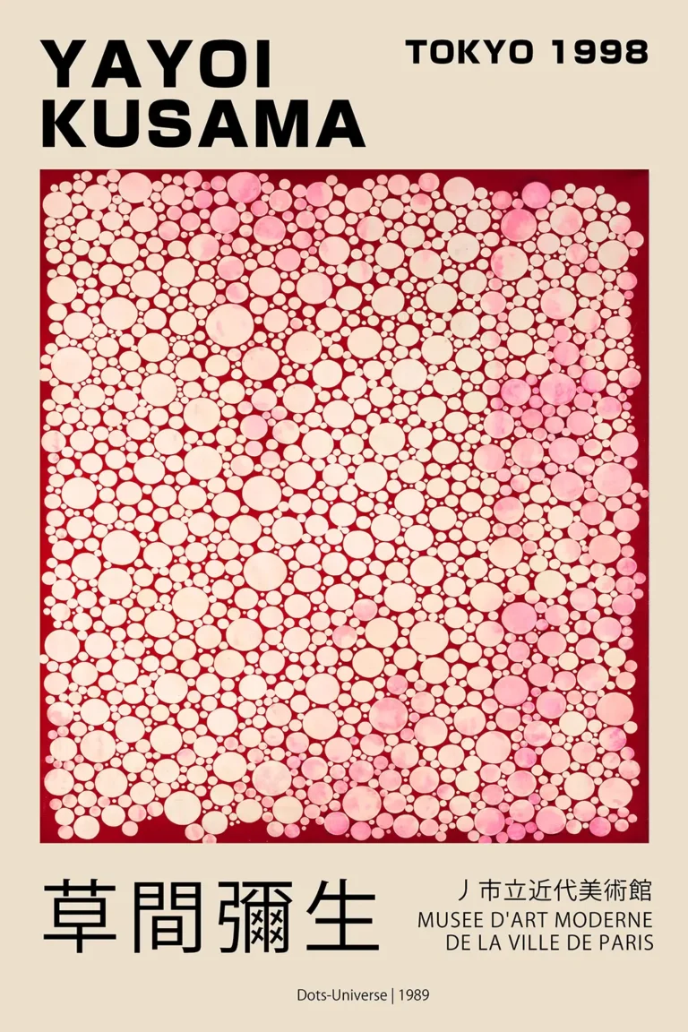 Yayoi Kusama Tokyo 1998 — abstract composition of organic pink and white circles against a deep