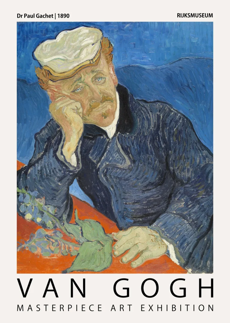 Vincent van Gogh — contemplative portrait of Dr. Paul Gachet in a dark blue coat against a