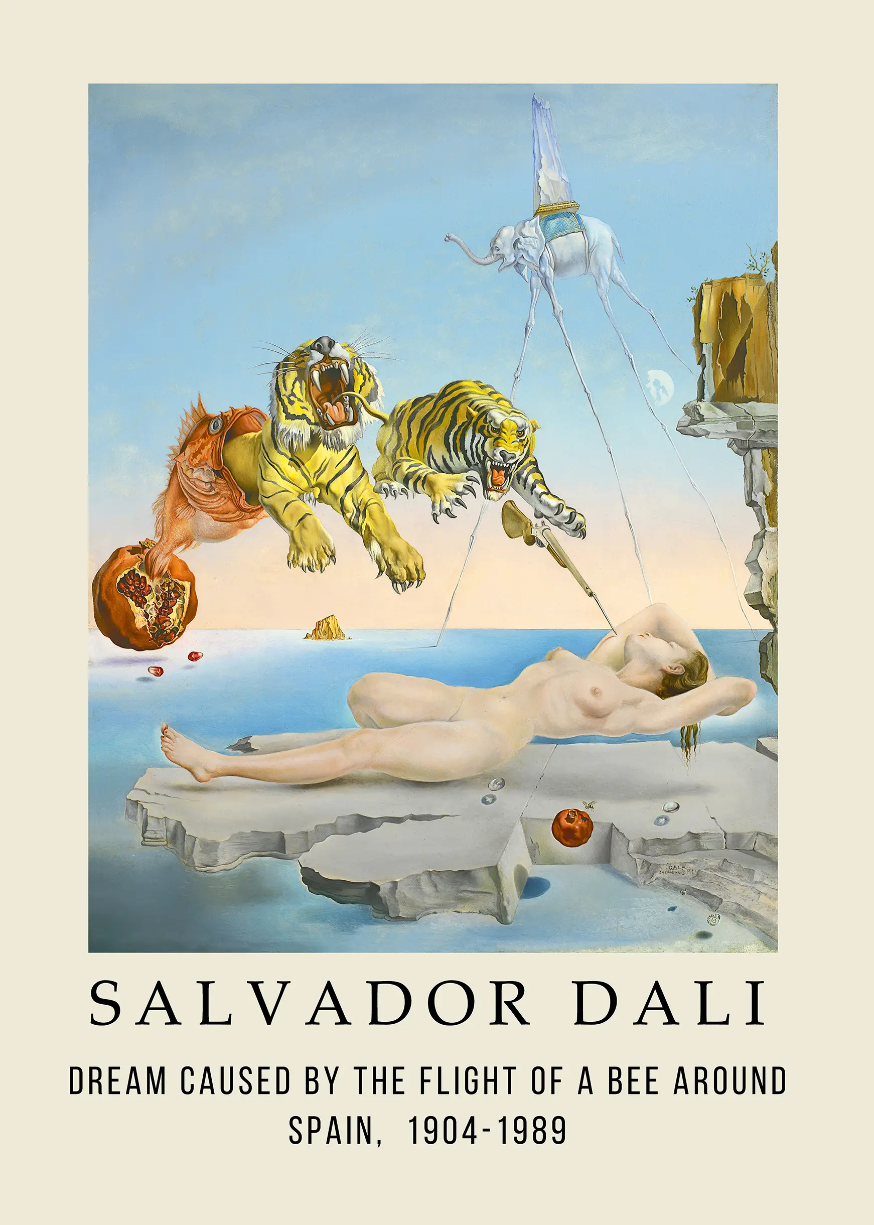 Classic Salvador Dali Poster - Dream Caused By The Flight Of A Bee Print Salvador Dali Poster Showing A Nude Woman Reclining While Tigers Leap From A Fish Above A Pomegranate And An Elephant.