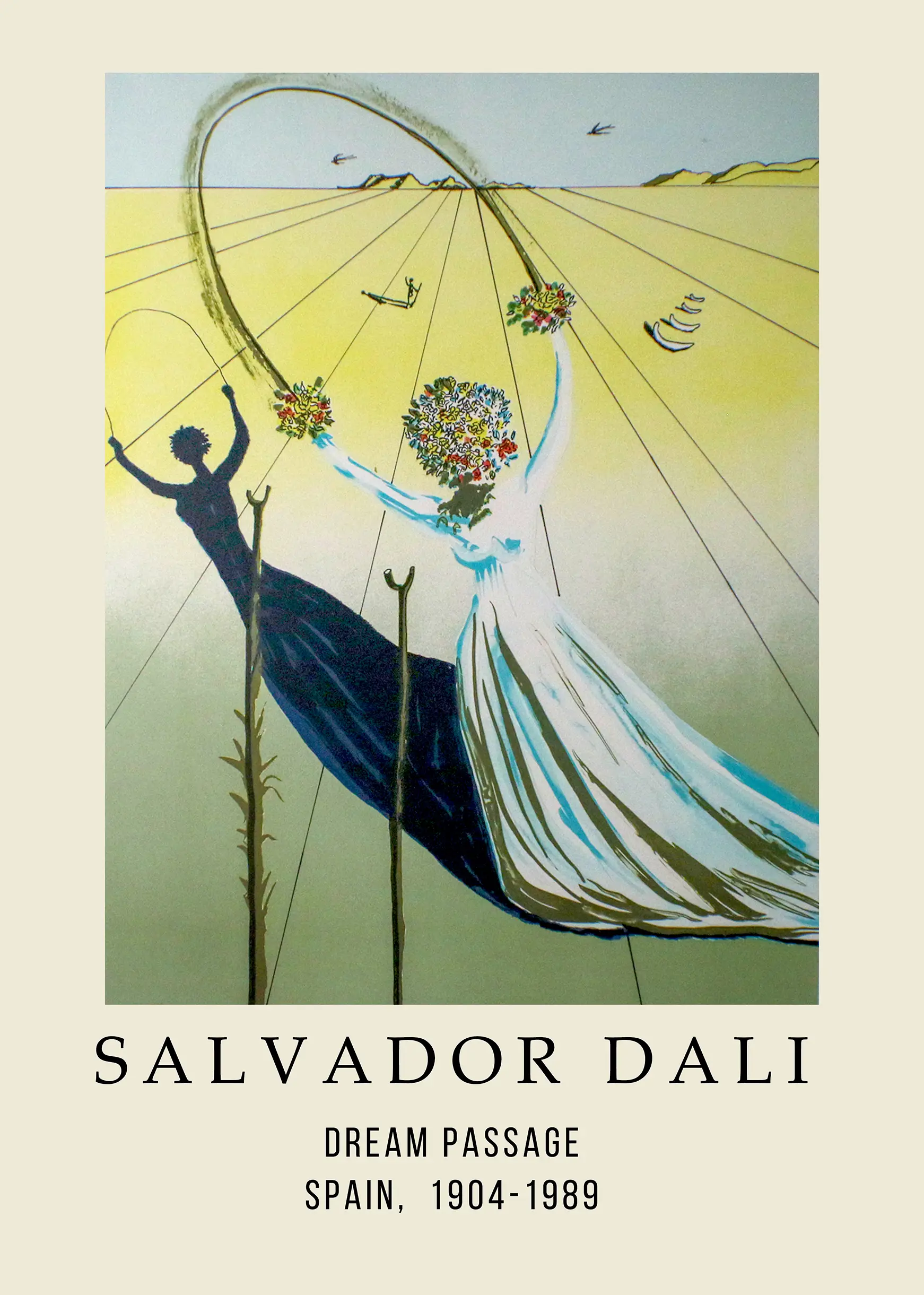 Salvador Dali Poster - Dream Passage Surrealist Exhibition Wall Art Salvador Dali Poster Of Dream Passage Art Featuring A Woman With A Flower Head And Long Shadows On Yellow And Green Ground.