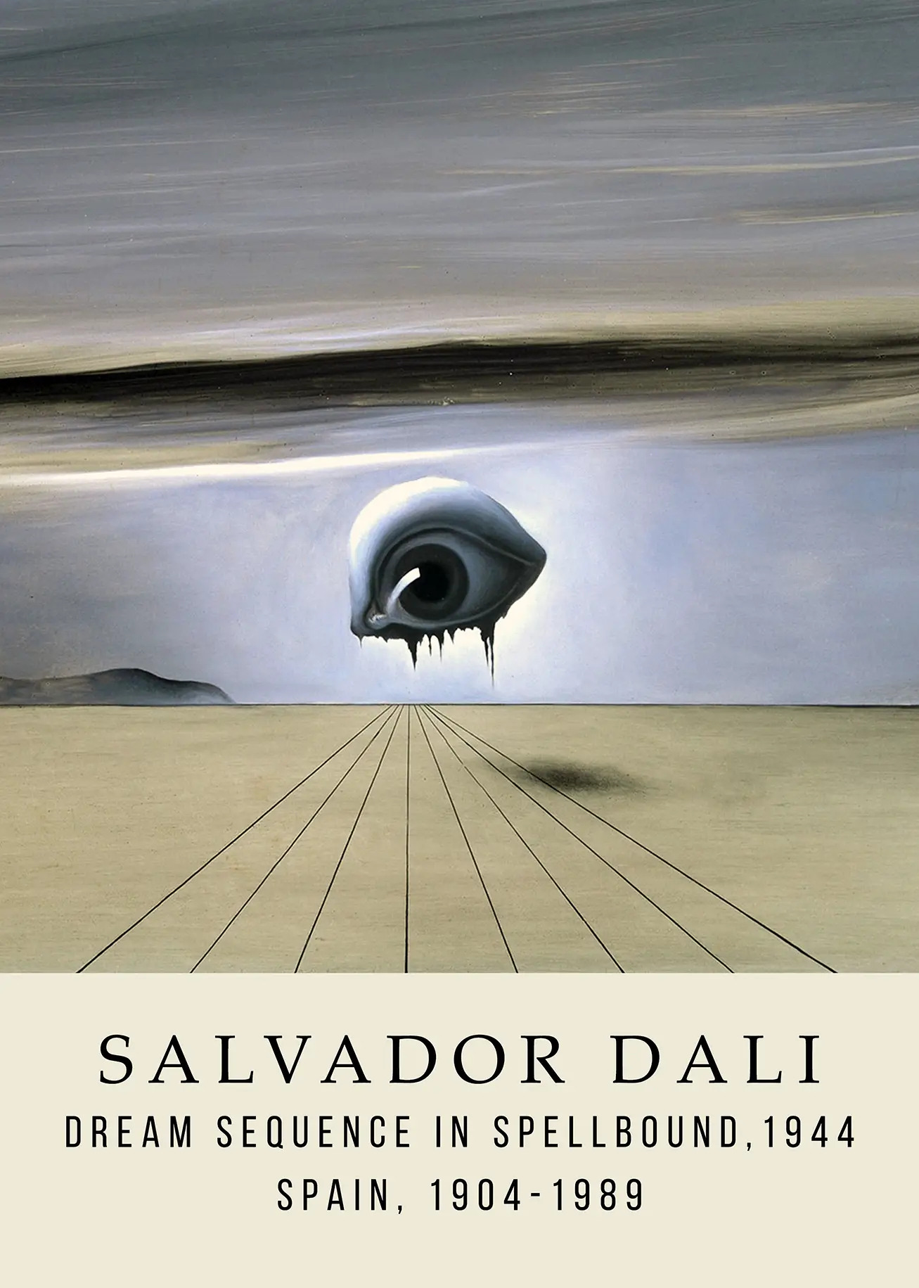 Exclusive Spellbound Dream Poster - Salvador Dali 1944 Film Art Print Spellbound Dream Poster Featuring A Large Surrealist Eye Dripping In A Desolate Desert Plain By Salvador Dali.