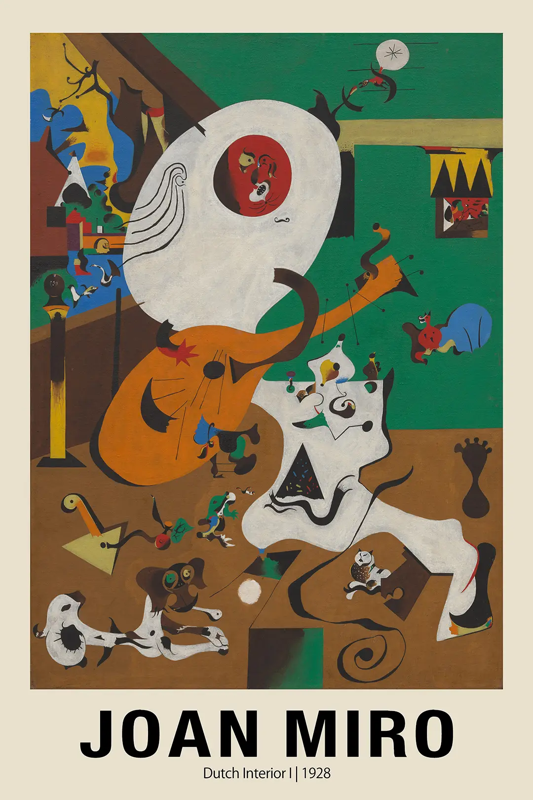 Authentic Joan Miro Dutch Interior I - Surrealist Art Exhibition Wall Poster Joan Miro Dutch Interior I 1928 Painting With Abstract Lute Player, White Biomorphic Head, And Green And Brown Background.