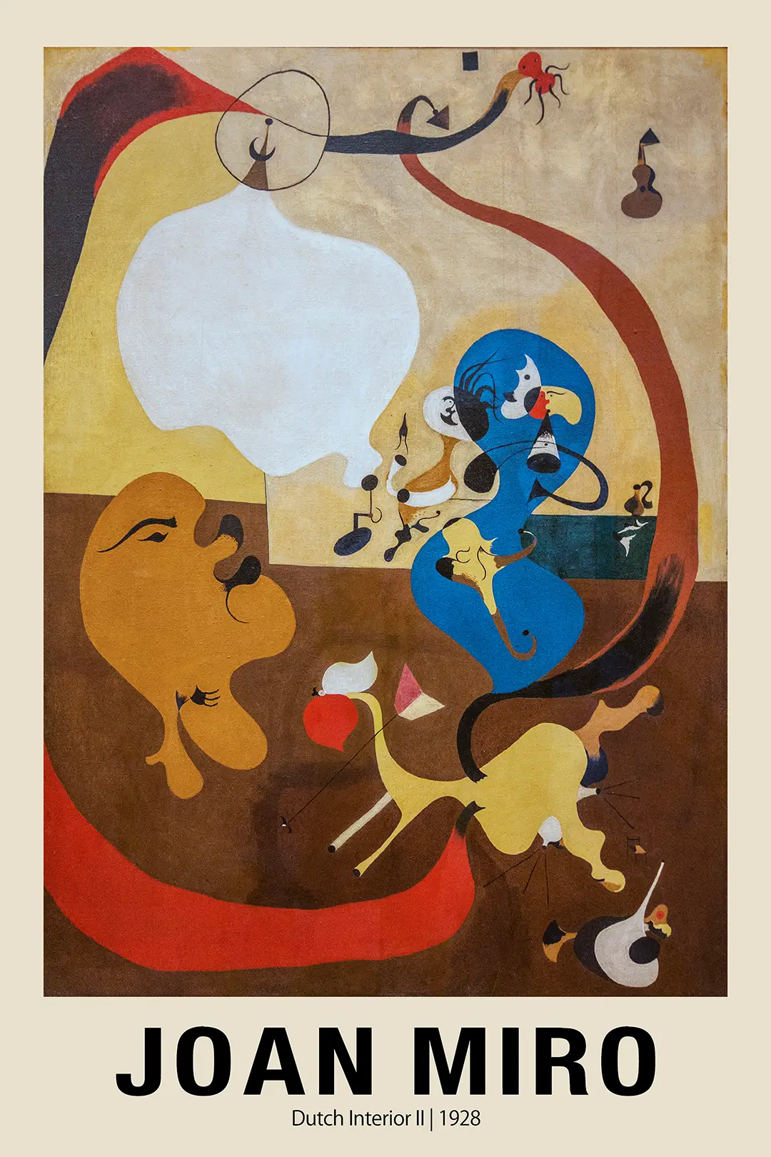 Joan Miró Dutch Interior - 1928 Surrealist Abstract Exhibition Poster Joan Miró Dutch Interior Painting Featuring A Blue Central Figure, A White Cloud Shape, And A Dog On A Brown Background.