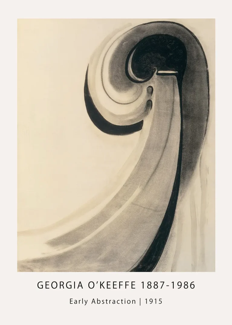 Georgia O'Keeffe Early Abstraction print featuring a monochromatic charcoal swirl with organic, fluid lines from 1915.