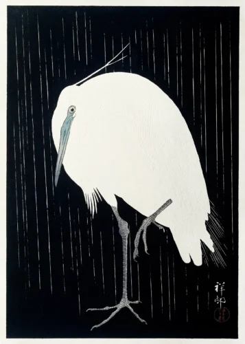 Egret in the Rain Japanese Woodblock Art Print, Ohara Koson