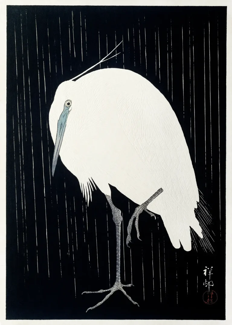 Egret Rain Woodblock — white egret stands poised against a stark black background with