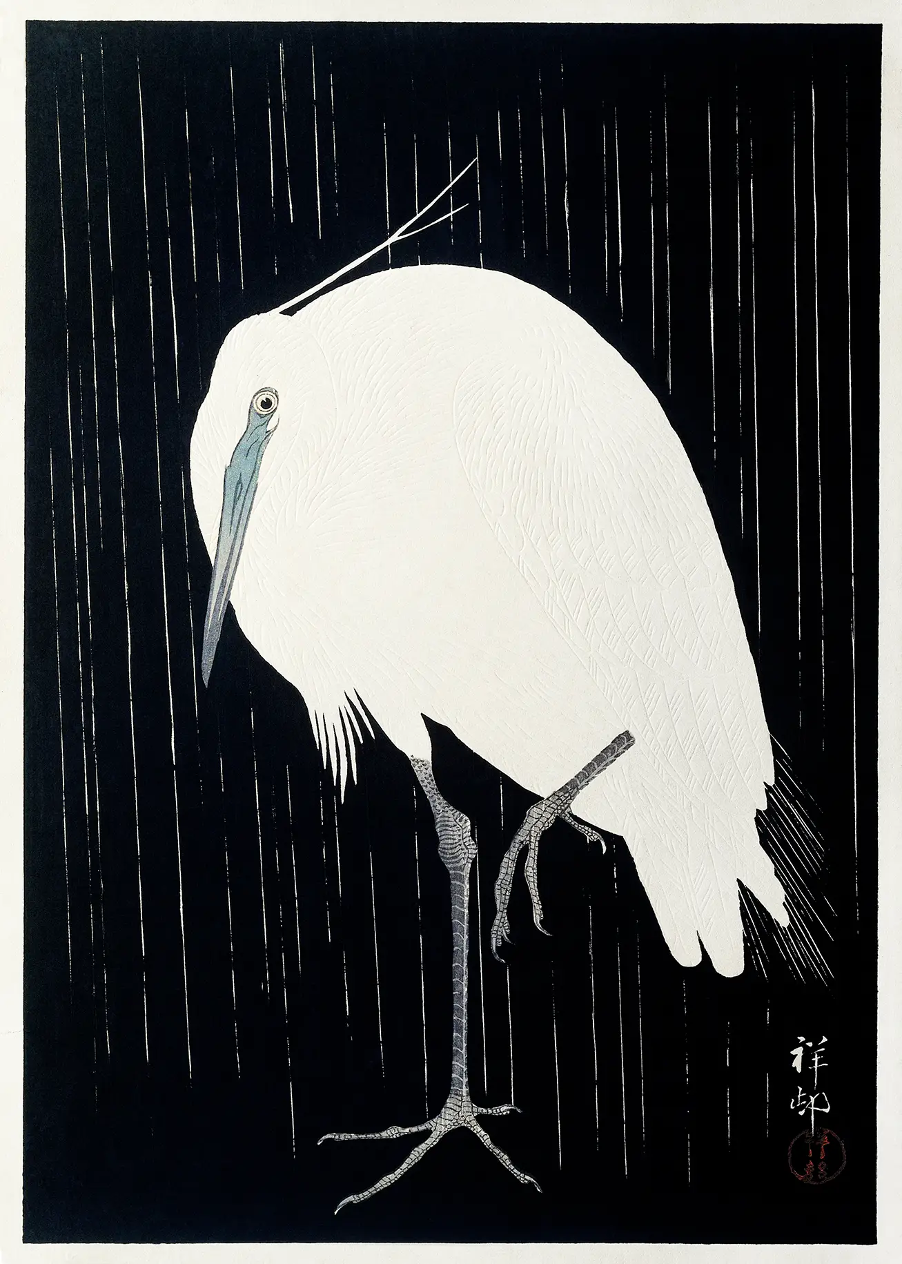 Exclusive Egret In The Rain - Vintage Ohara Koson Japanese Woodblock Print Egret In The Rain By Ohara Koson Featuring A White Bird Standing On One Leg Against A Dark Rainy Background.