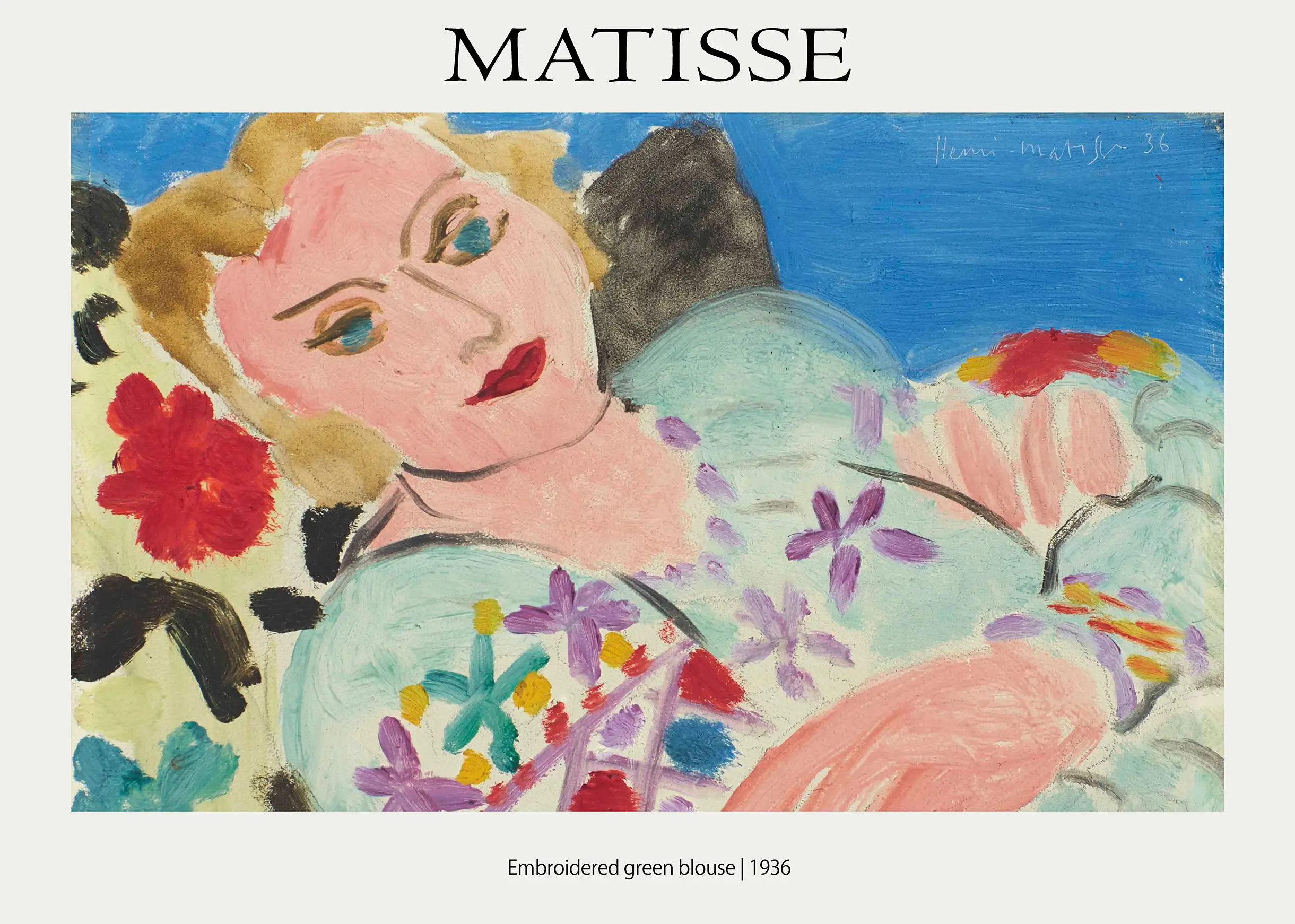 Authentic Matisse Exhibition Poster - Embroidered Green Blouse 1936 Print Matisse Exhibition Poster Showing A Reclining Woman In A Floral Green Blouse With Red Floral Background Accents.