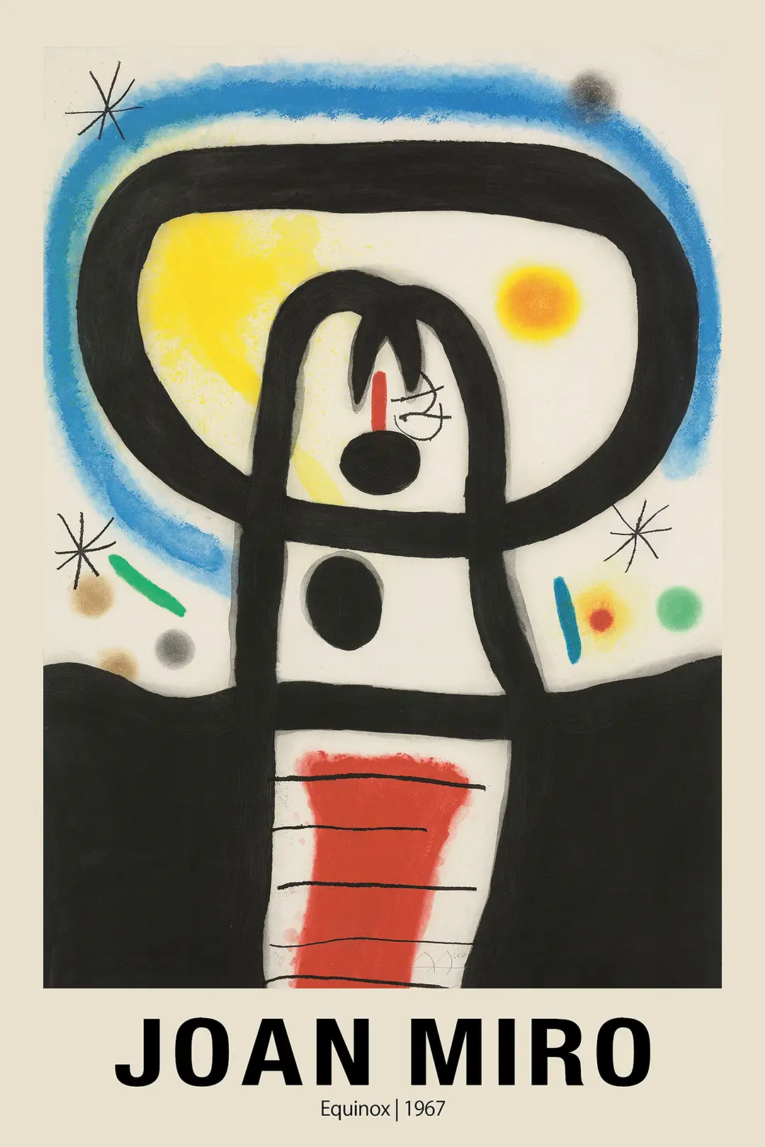 Exclusive Joan Miro Equinox Poster - 1967 Surrealist Abstract Wall Art Joan Miro Equinox Poster Featuring Bold Black Calligraphic Lines, Celestial Stars, And Vibrant Blue, Red, And Yellow Shapes.