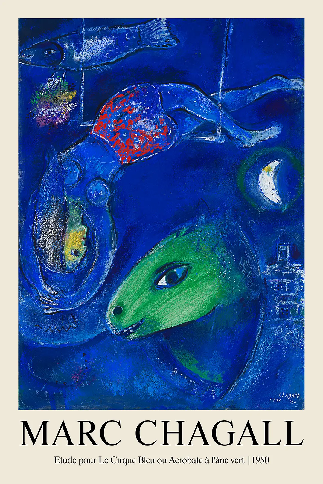 Marc Chagall Cirque Bleu - Classic 1950 French Surrealist Art Print Marc Chagall Cirque Bleu Art Print Showing A Blue Acrobat, Green Donkey, And Floating Fish In A Dark Blue Dreamscape.