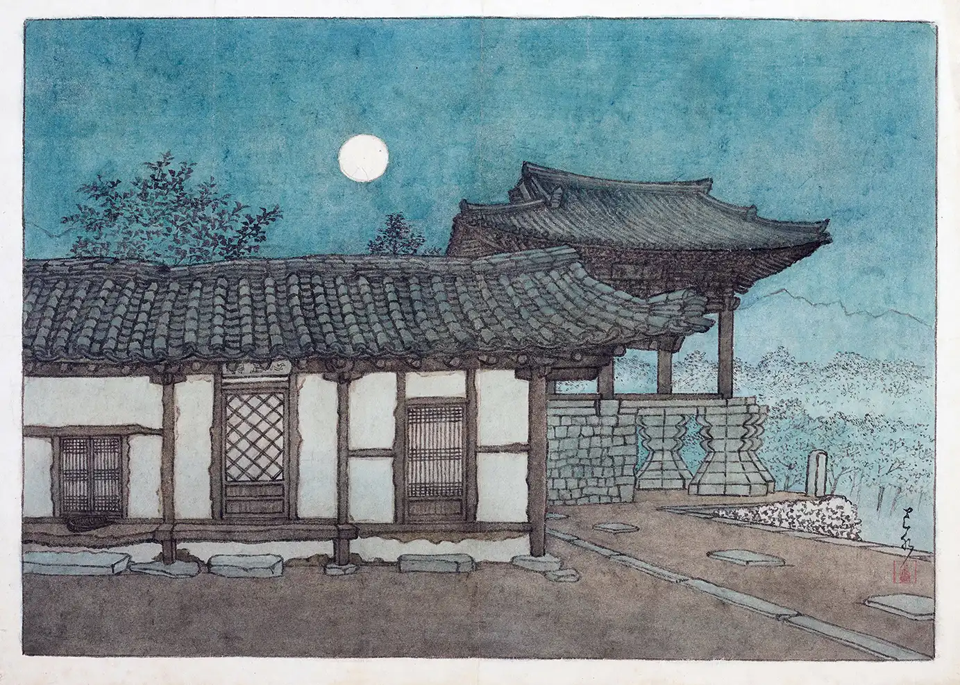 Classic Japanese Temple Print - Moonlit Architecture Vintage Wall Art Japanese Temple Print Depicting A Traditional Woodblock Style Moonlit Building With Blue Sky And Tiled Roofs.