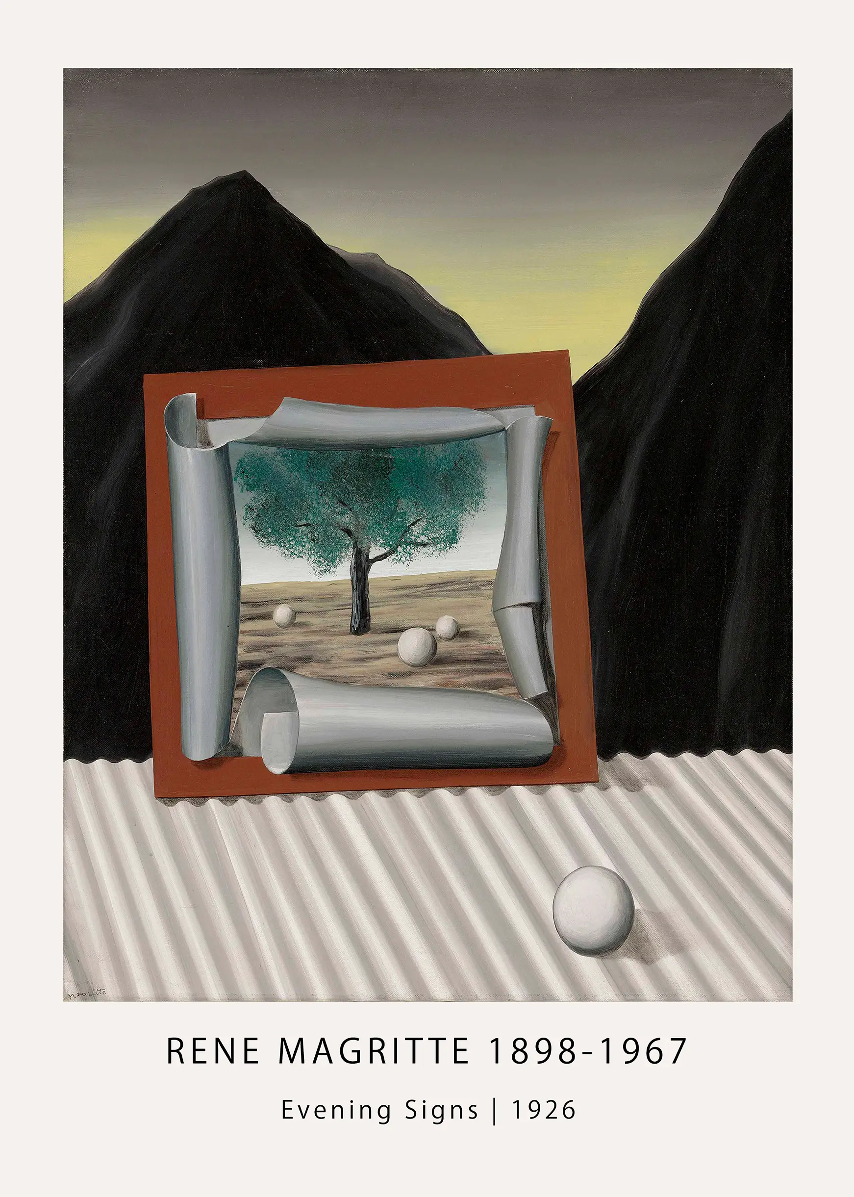 Exclusive Magritte Evening Signs - 1926 Surrealist Art Exhibition Poster Magritte Evening Signs 1926 Painting With Black Mountains, A Green Tree In A Frame, And White Spheres On Corrugated Metal.