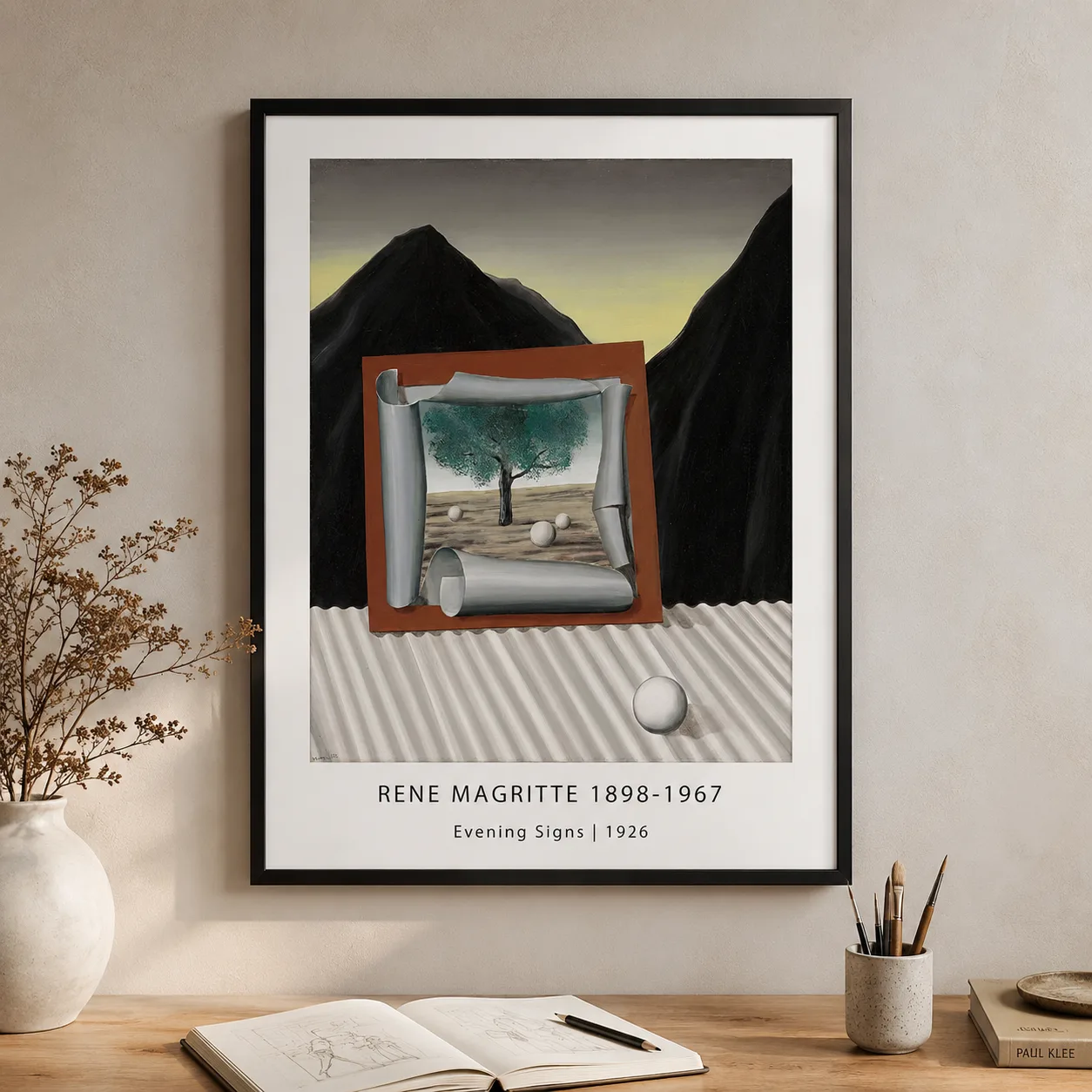 Room mockup of Evening Signs Poster, Rene Magritte Surreal Landscape Art, displayed as framed wall art in a living room setting as a portrait print with blue tones.