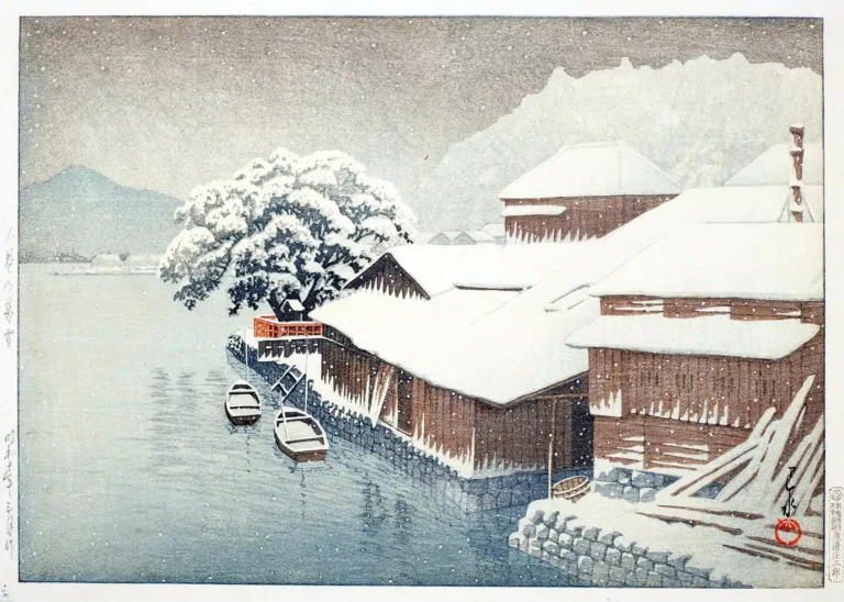 Evening Snow Ishinomaki Hasui — serene winter landscape featuring snow-covered traditional buildings
