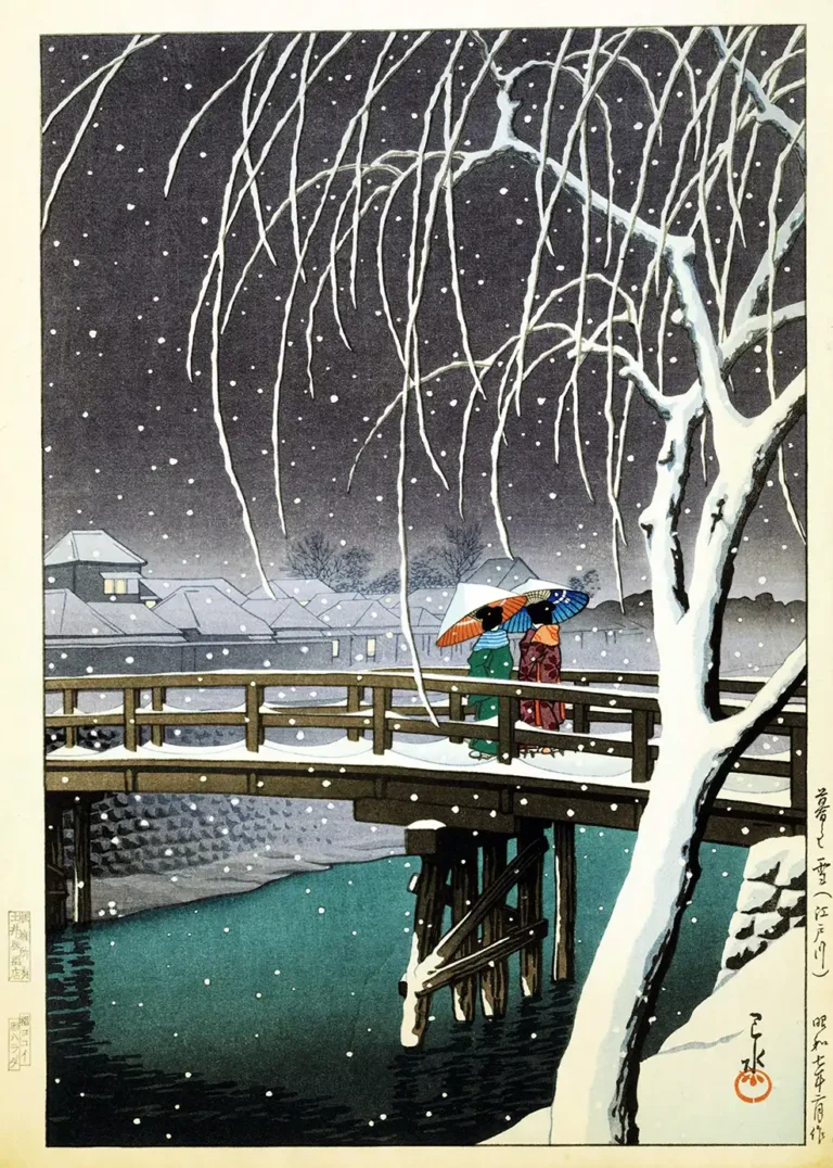 Hasui Kawase Evening Snow — two figures with colorful umbrellas cross a wooden bridge over the Edo