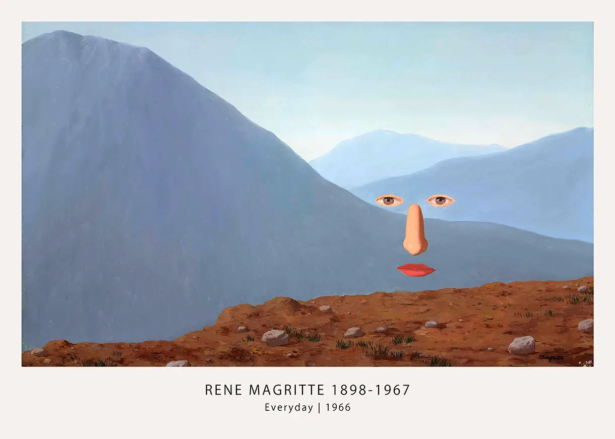 Authentic Rene Magritte Everyday Print - 1966 Surrealist Wall Art Rene Magritte Everyday Print Featuring Human Facial Features Floating Over A Blue Mountain Range And Rocky Terrain.