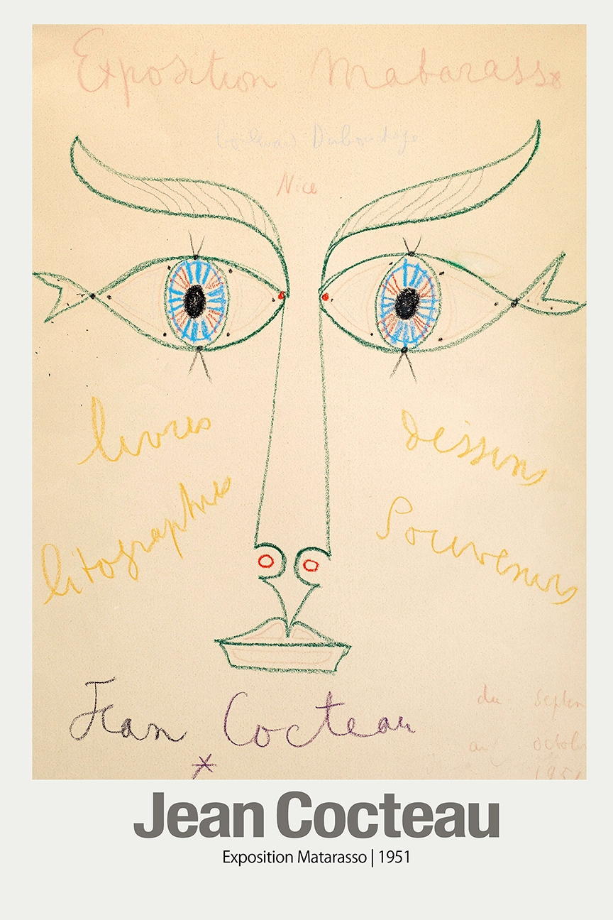 Exclusive Jean Cocteau Poster - 1951 Exposition Matarasso Nice Art Print Jean Cocteau Poster With A Hand-Drawn Face And French Text For The 1951 Matarasso Gallery Exhibition In Nice.