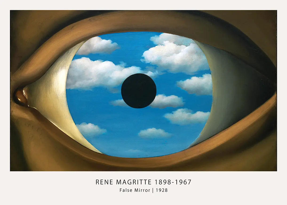 Rene Magritte False Mirror surrealist eye painting print featuring a blue sky iris with white clouds and black pupil.