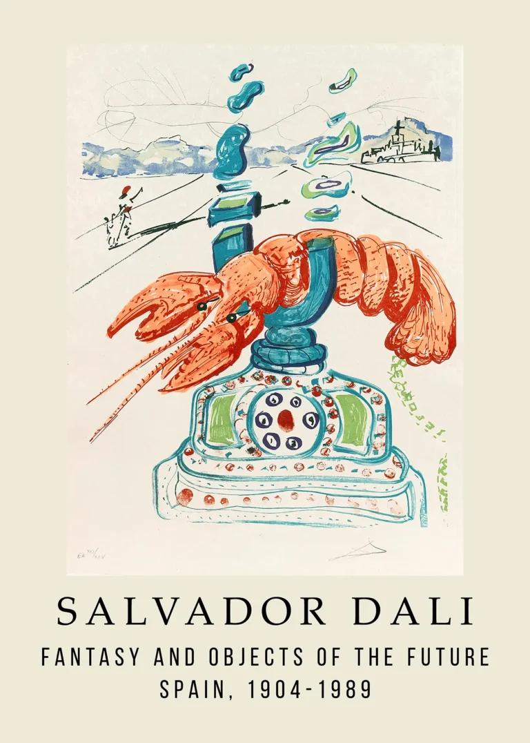 Salvador Dali Fantasy Objects — whimsical surrealist illustration featuring a vibrant orange lobster