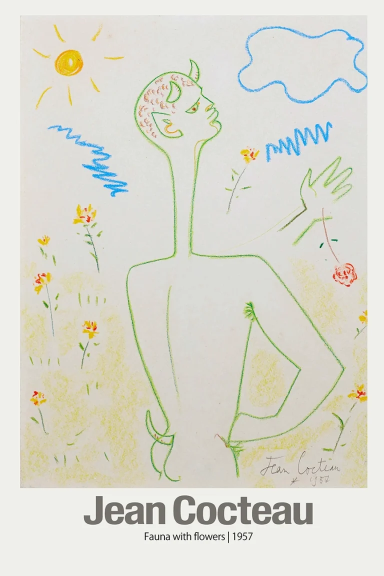 Jean Cocteau Fauna Flowers — green-outlined faun stands amidst yellow flowers under a hand-drawn sun