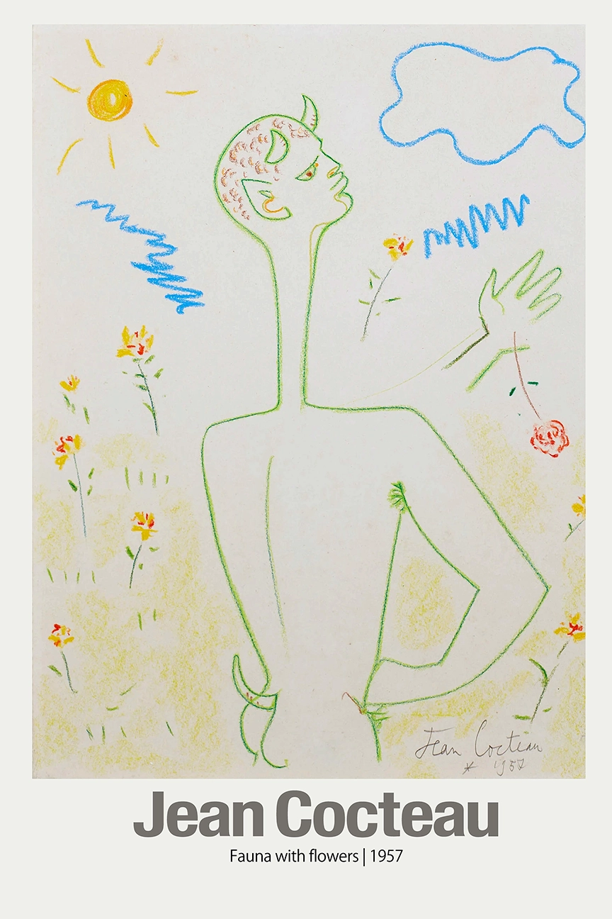 Authentic Jean Cocteau Print - 1957 Fauna With Flowers Vintage Poster Jean Cocteau Print Featuring A Green Line Art Faun With Yellow Sun And Red Flowers From 1957.