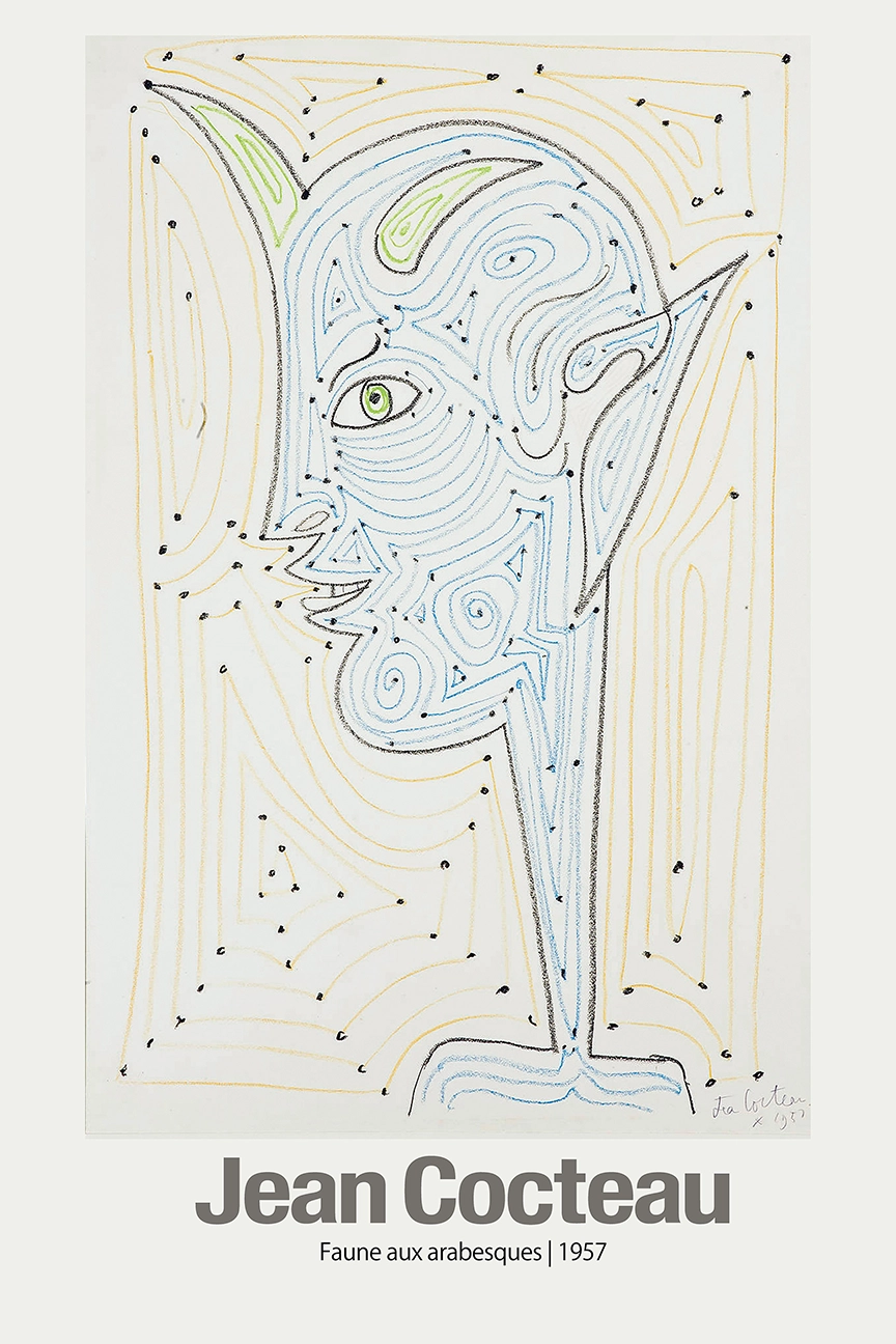 Authentic Jean Cocteau Poster - Faune Aux Arabesques 1957 Surrealist Art Jean Cocteau Poster Showing A Profile Of A Horned Faun In Blue, Green, And Orange Swirling Lines And Dots.