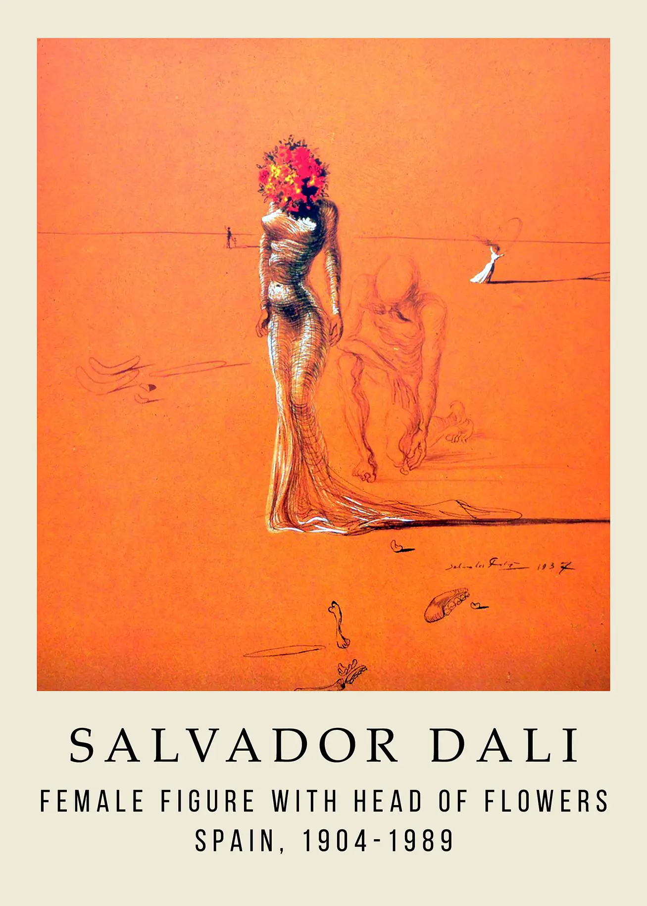 Salvador Dali poster featuring a woman with flowers for a head in a surrealist orange desert terrain setting.