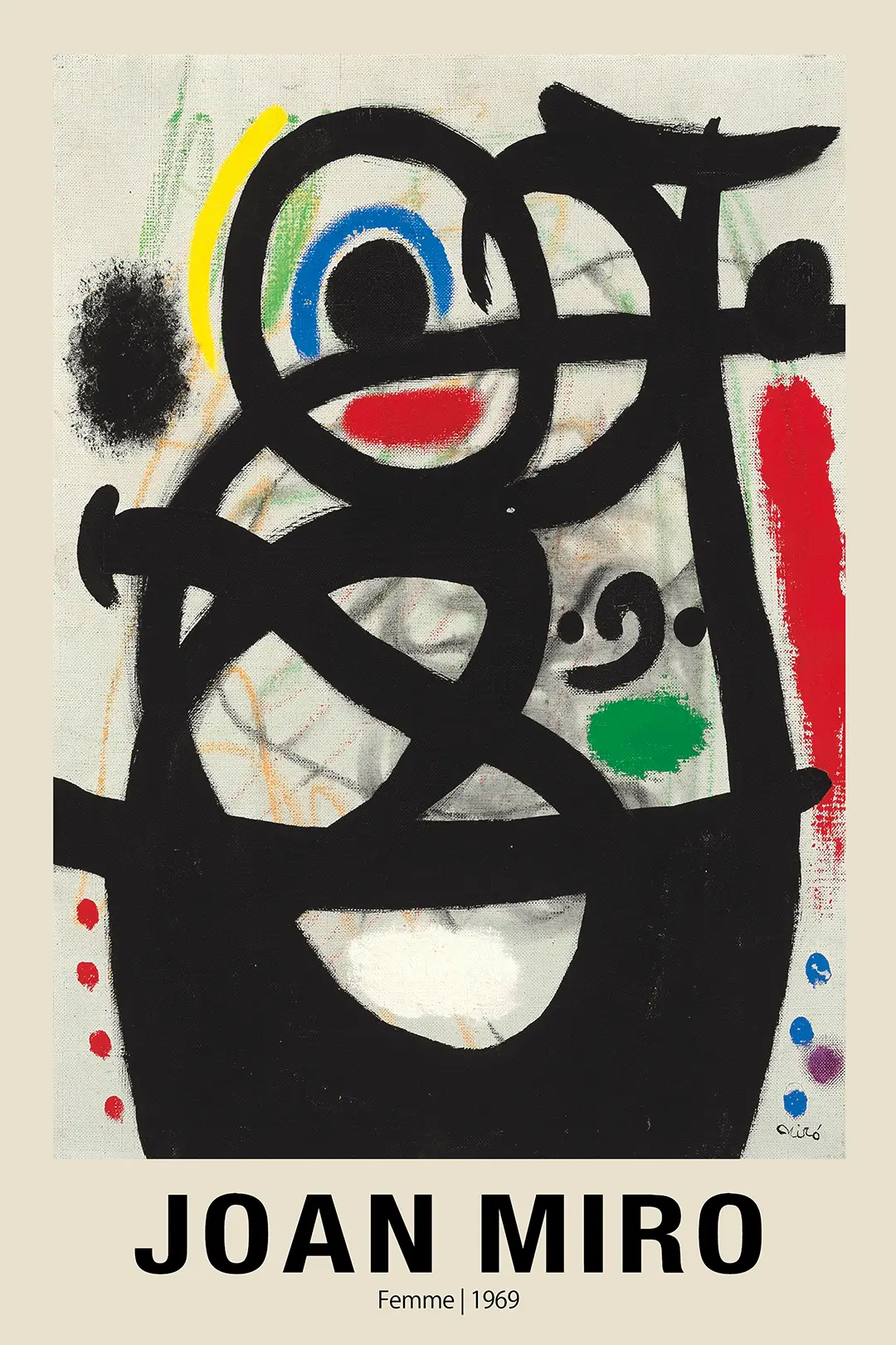 Authentic Joan Miro Print - Femme 1969 Surrealist Abstract Wall Art Joan Miro Print Of 1969 Femme Featuring Abstract Black Strokes, Red And Blue Shapes On A Cream Textured Background.