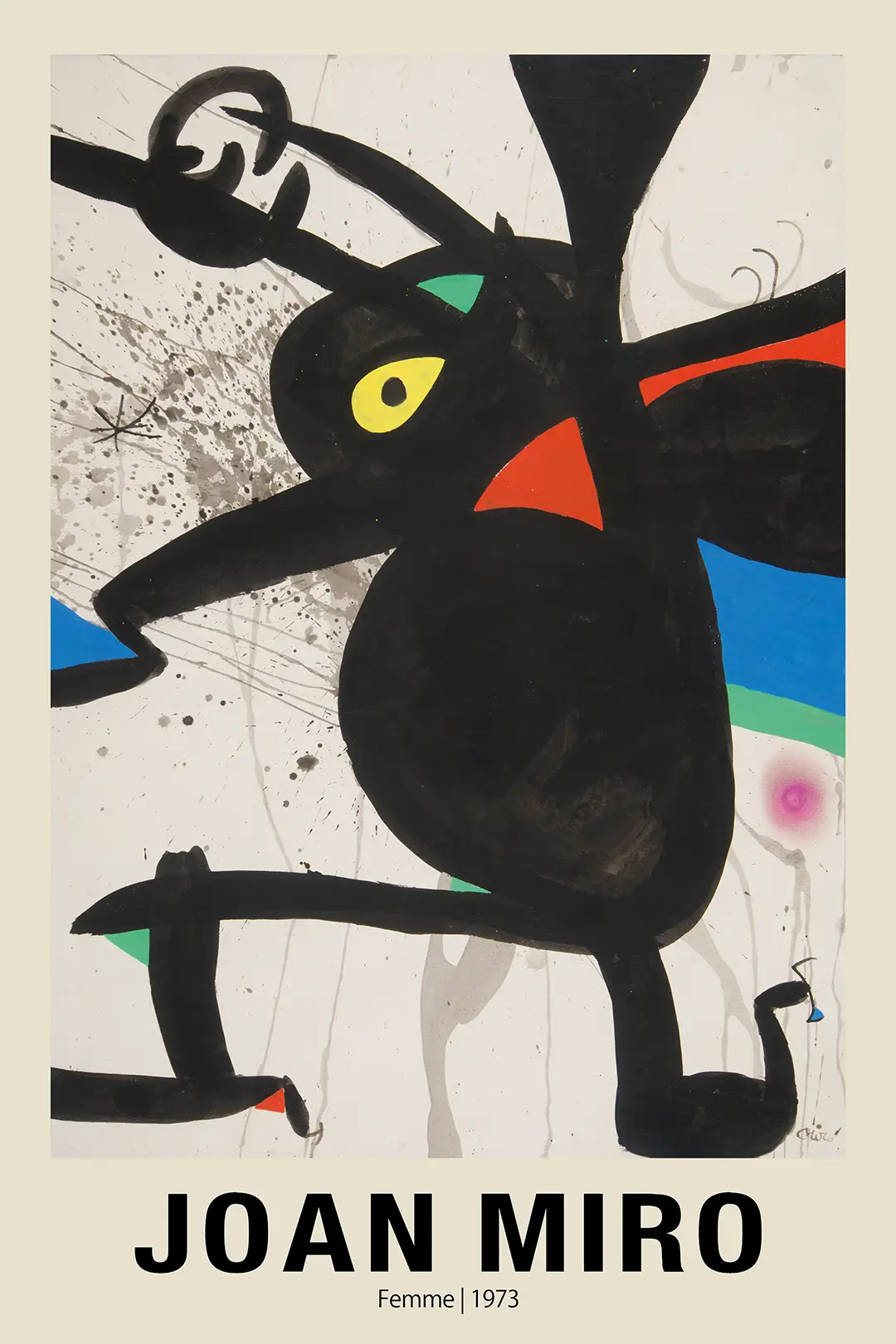 Classic Joan Miró Femme Poster - 1973 Surrealist Abstract Wall Art Joan Miró Femme Poster Showing Black Abstract Shapes, Yellow Eye, And Colorful Splatters On A Cream Background.