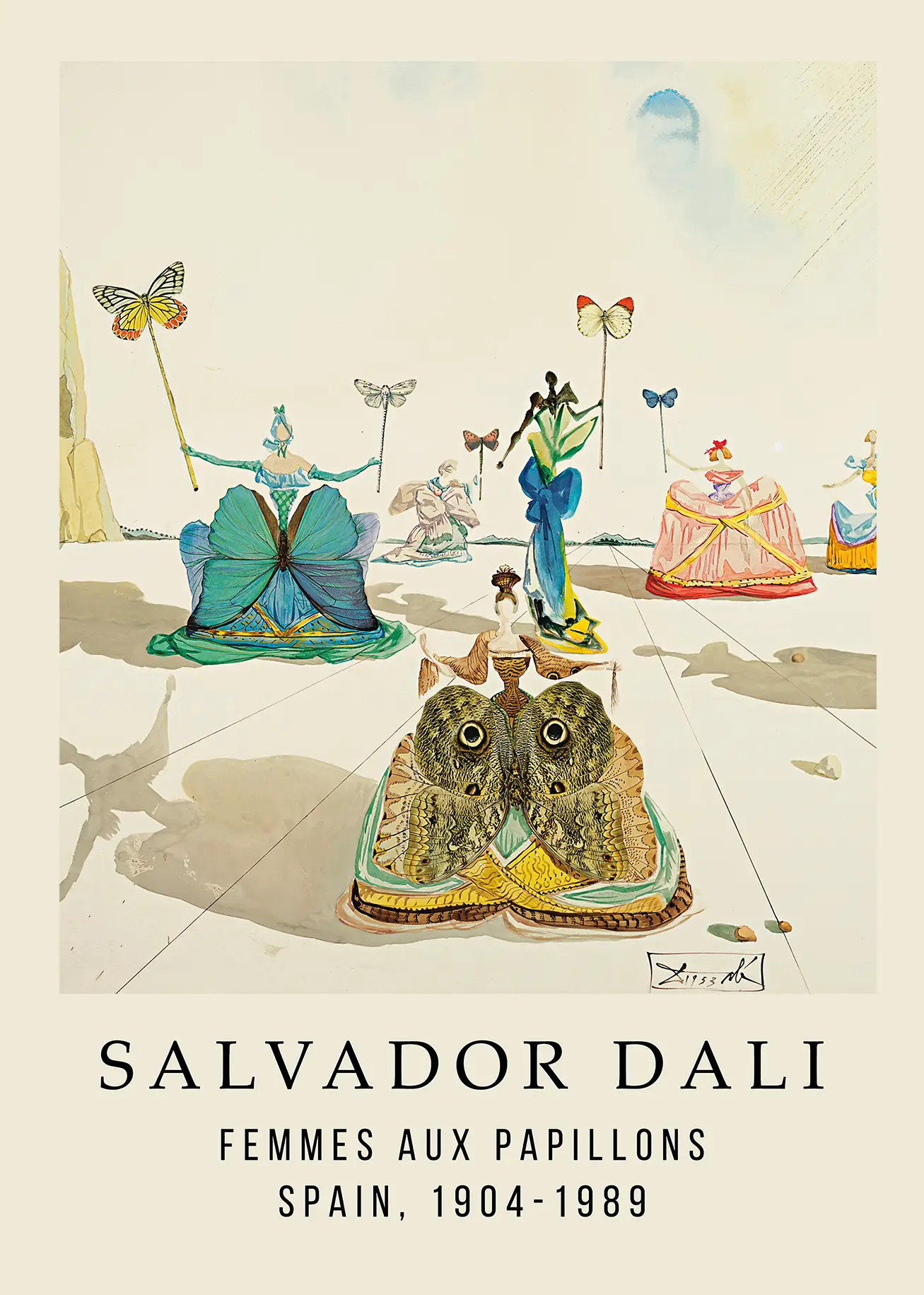 Salvador Dali butterfly print showing women in dresses resembling butterfly wings in a sparse Spanish desert setting.