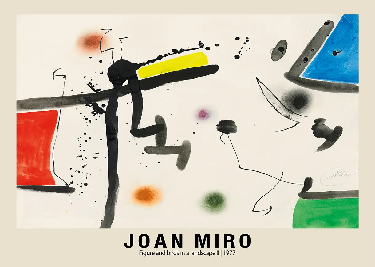 Authentic Joan Miro Print - Figure And Birds 1977 Surrealist Wall Art Joan Miro Print Of Figure And Birds In A Landscape Ii With Bold Black Lines, Red, Blue, And Yellow Abstract Shapes.