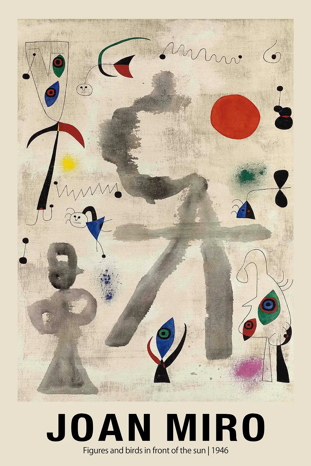 Classic Joan Miró Poster - Figures And Birds In Front Of The Sun 1946 Art Joan Miró Poster Showing Figures And Birds In Front Of The Sun 1946 With Red Sun And Abstract Black Calligraphic Shapes.