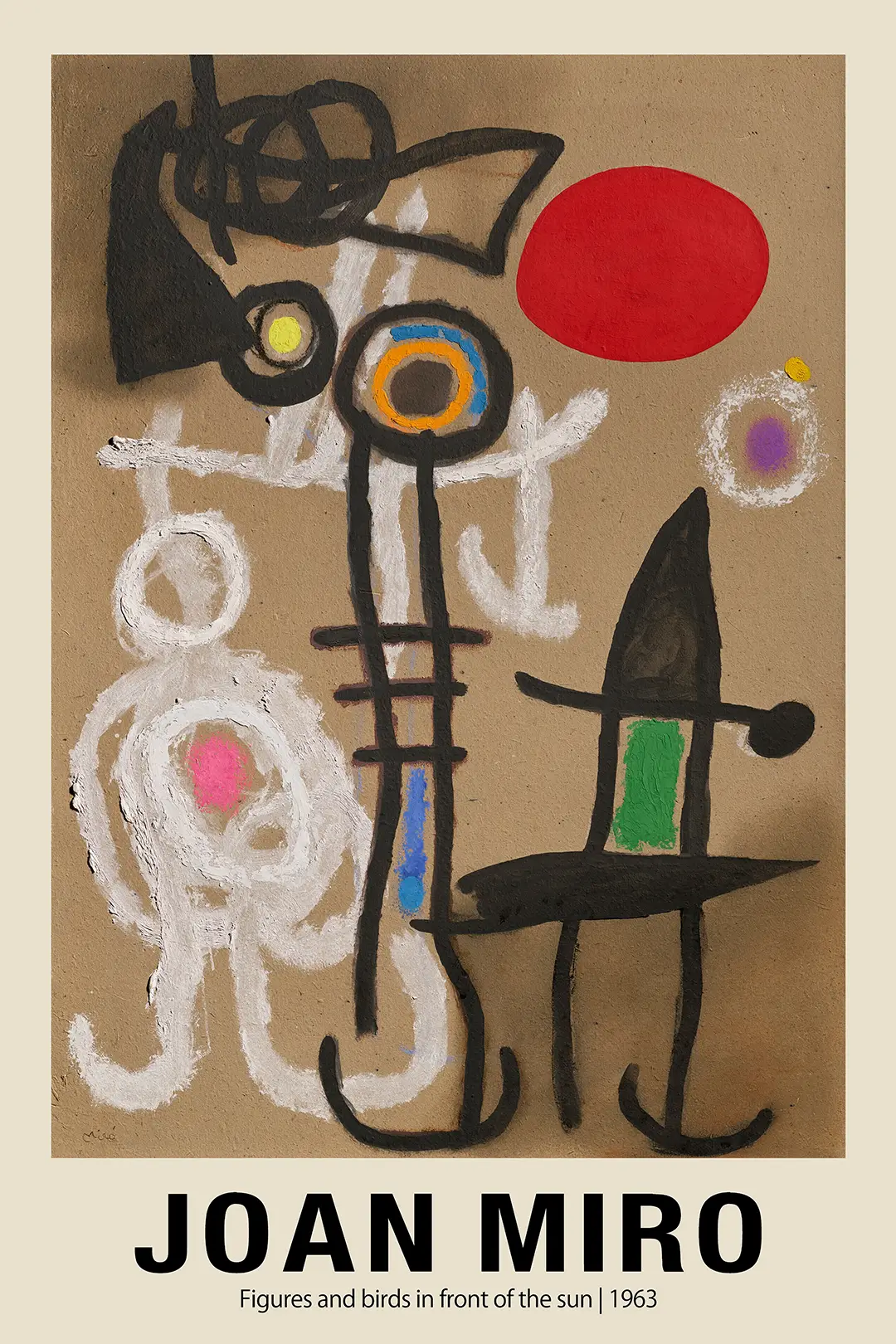 Classic Joan Miró Print - Figures And Birds In Front Of The Sun 1963 Joan Miró Print Featuring A Large Red Sun, Black Abstract Birds, And White Figures On A Textured Tan Background.