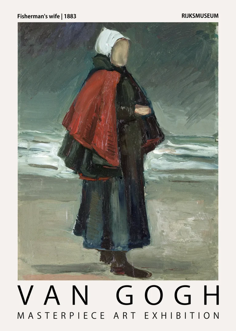 Van Gogh Fisherman's Wife — stoic woman in a red shawl stands against a churning sea in this early