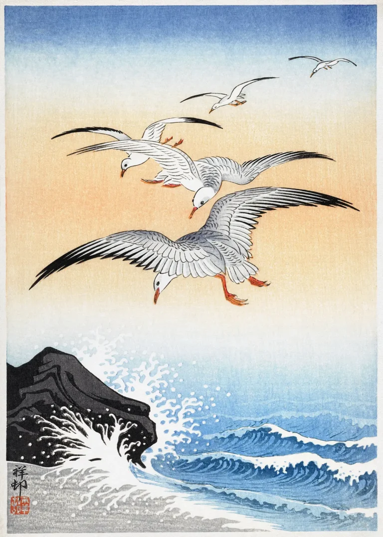 Five Seagulls Above Turbulent — traditional Japanese woodblock print featuring five white and grey