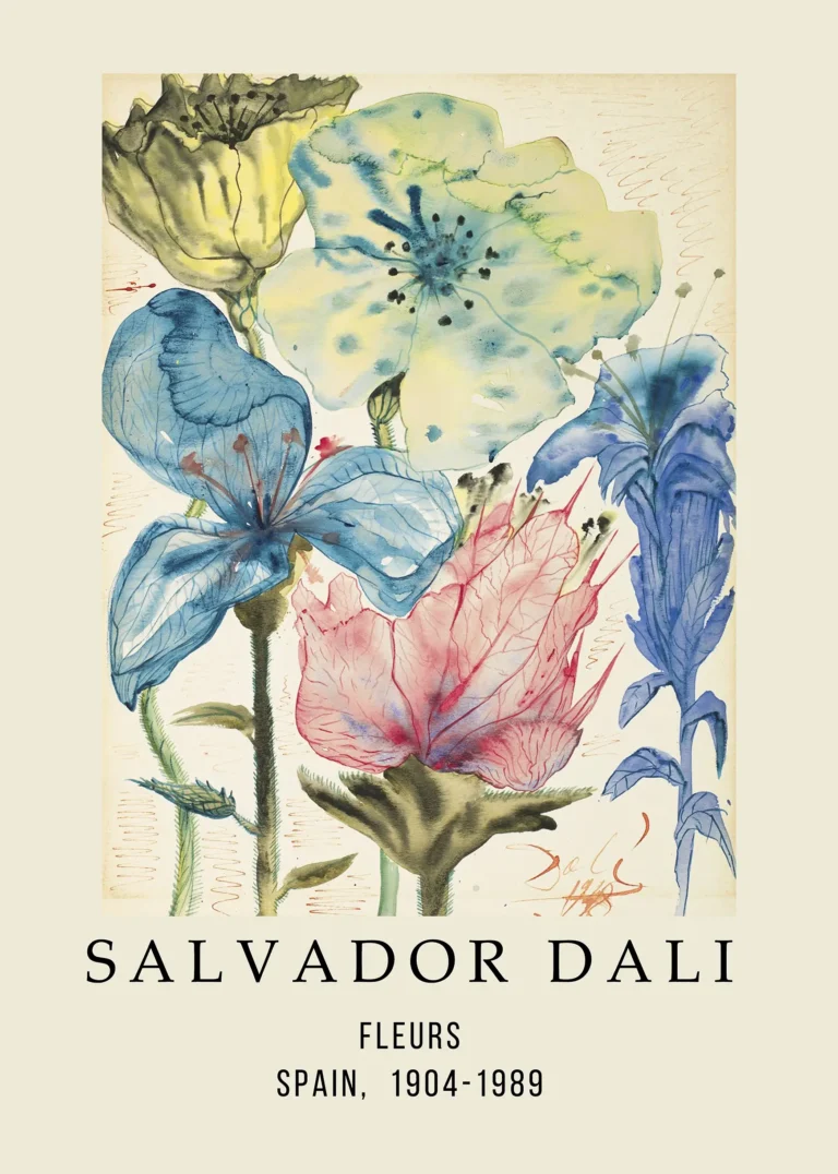 Salvador Dali Fleurs — whimsical collection of surrealist watercolor flowers in blue, pink