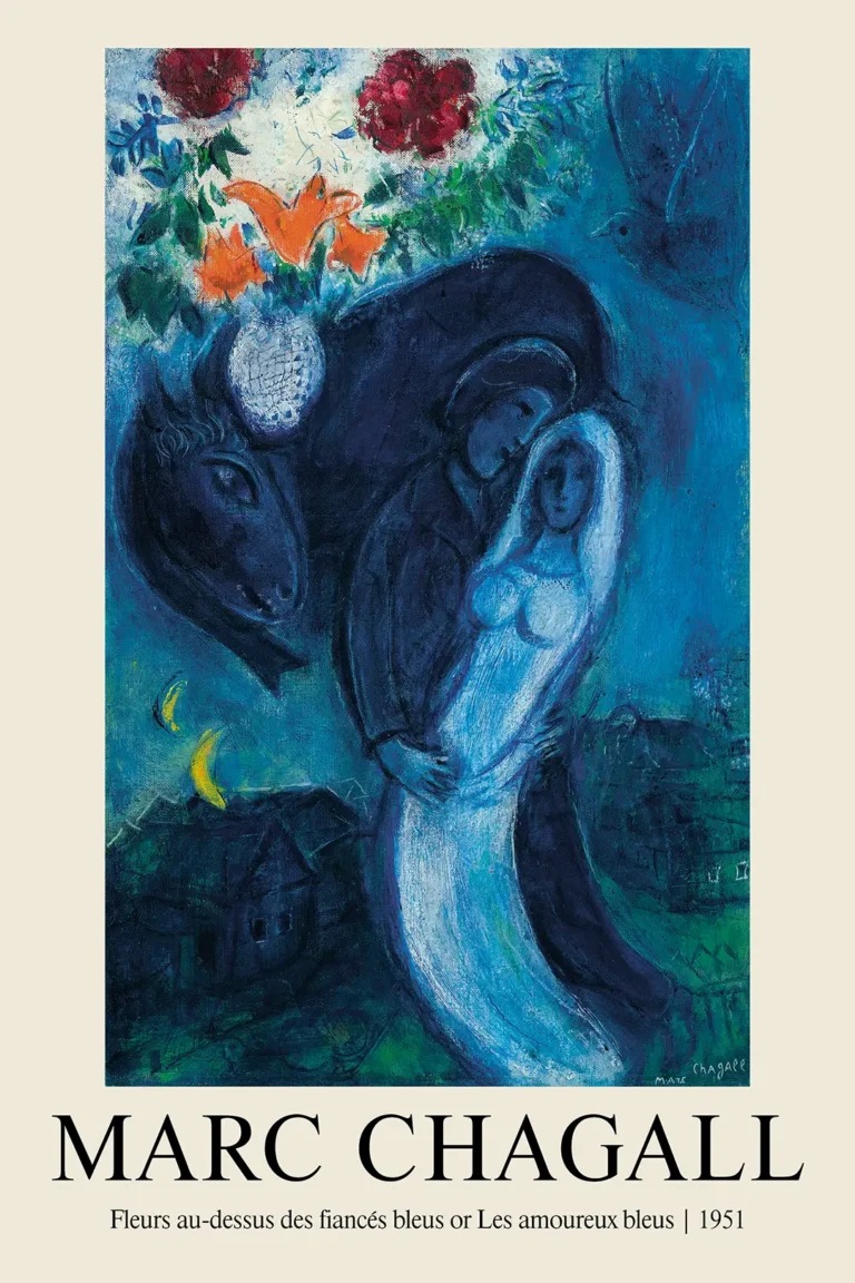 Marc Chagall les Amoureux — dreamlike scene featuring a couple embraced beneath a vibrant bouquet