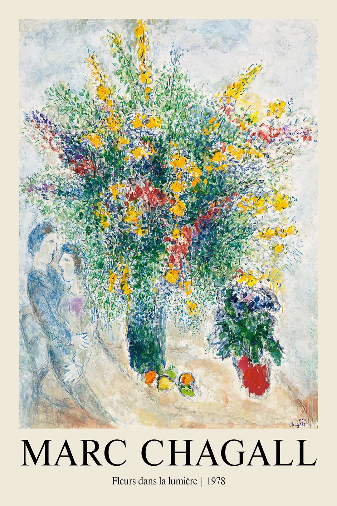 Exclusive Marc Chagall Floral Print - Fleurs Dans La Lumière 1978 Art Marc Chagall Floral Print Showing A Large Yellow Bouquet With A Couple Embracing In A 1978 Expressionist Style.