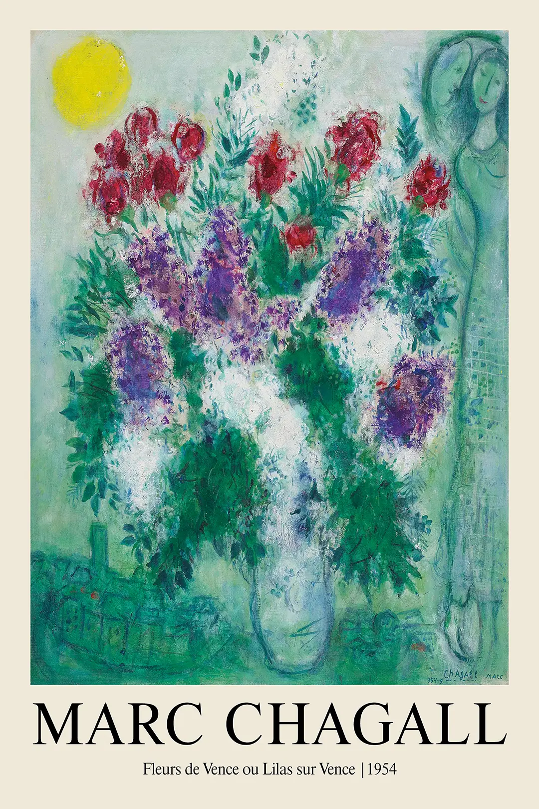 Marc Chagall Art Print - Fleurs De Vence 1954 Exhibition Style Poster Marc Chagall Art Print Featuring Fleurs De Vence 1954 Painting With Purple Lilacs Red Roses And A Yellow Sun.