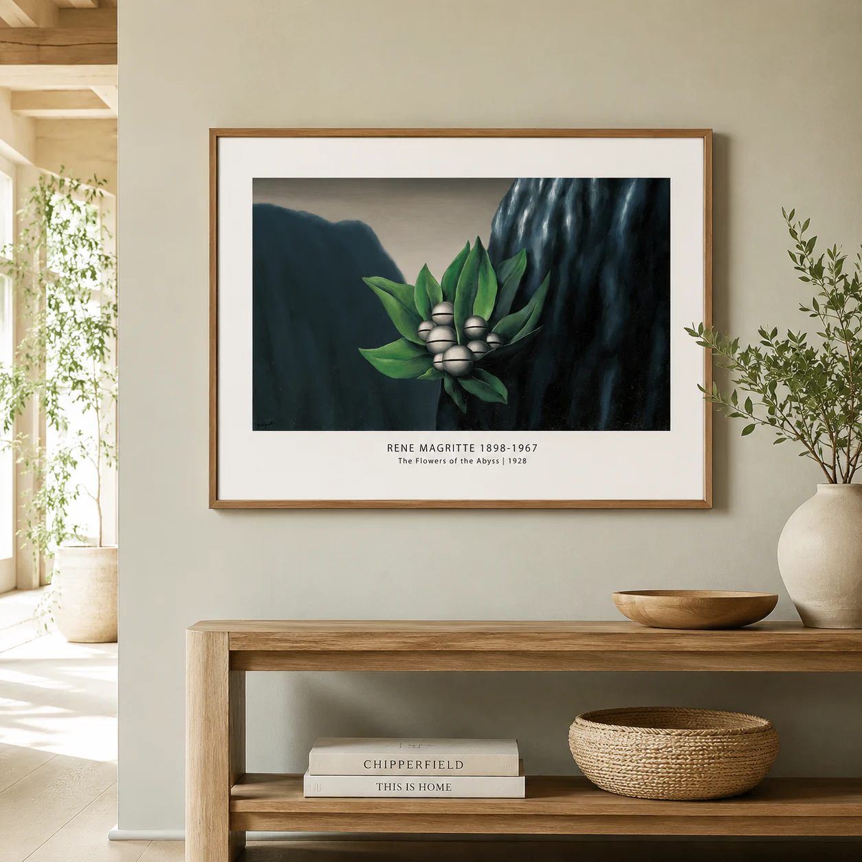 Room mockup of Flowers of Abyss Poster, Bell-Flower Surrealist Wall Art Print, displayed as framed wall art in a bedroom setting as a landscape print with green tones.