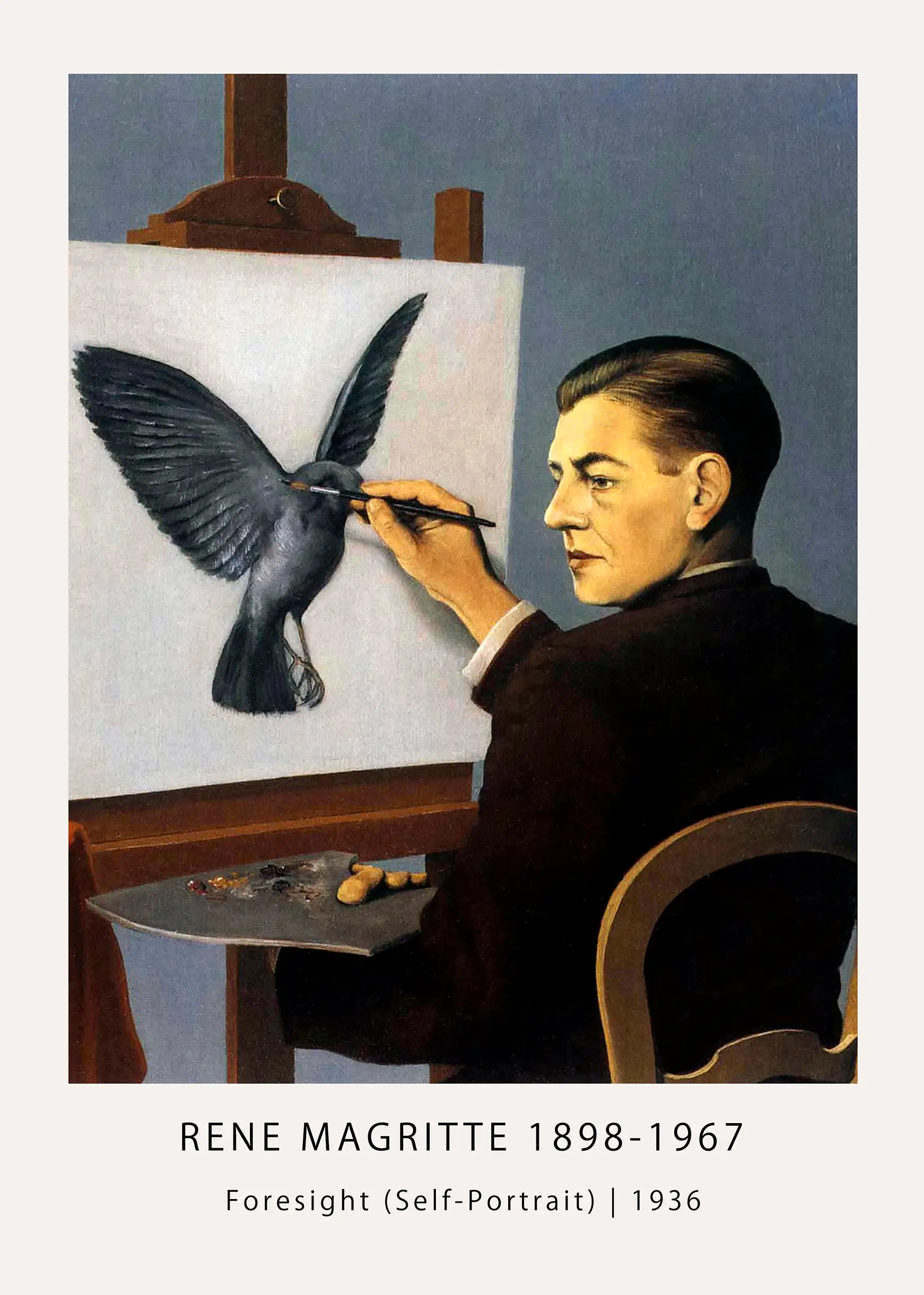 Rene Magritte Foresight Print - Surrealist Self Portrait Wall Art Rene Magritte Foresight Print Showing The Artist At An Easel Painting A Bird While Looking At An Egg On A Table.